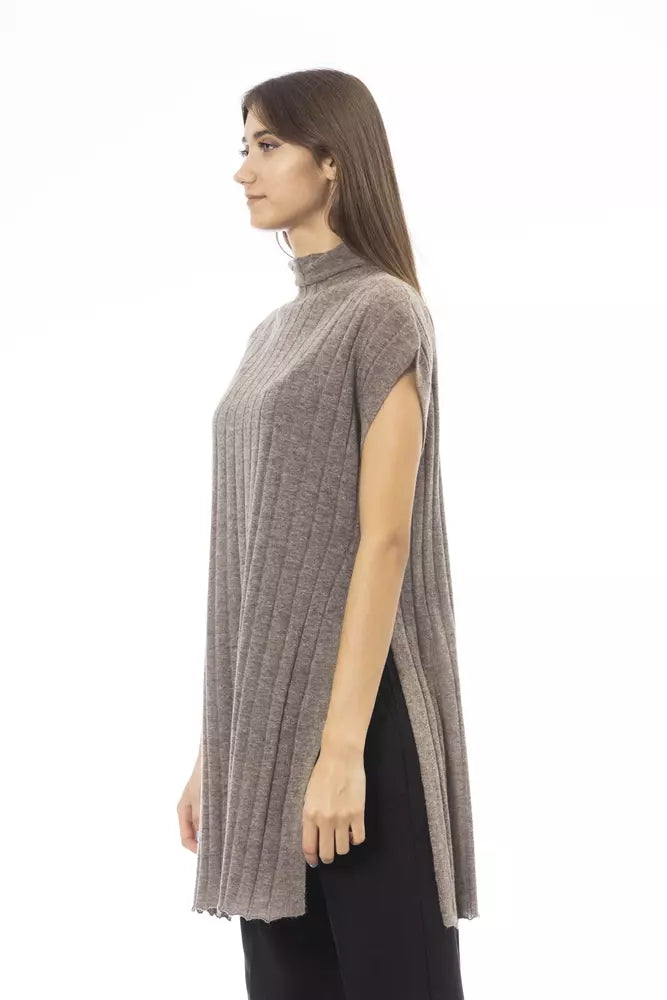 Alpha Studio Brown Wool Women Sweater with Turtleneck and Side Slits