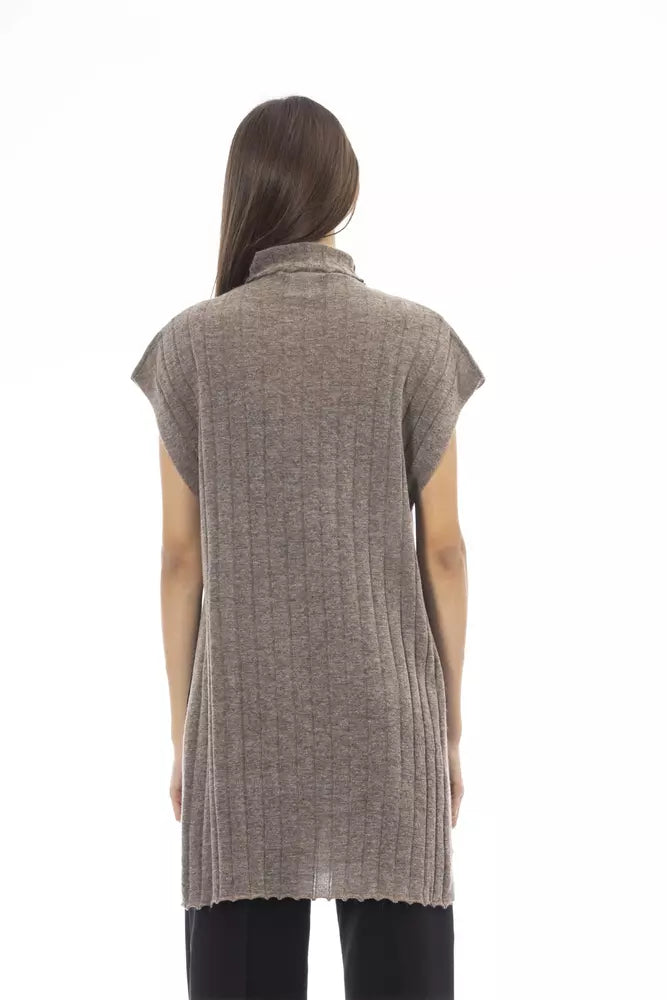 Alpha Studio Brown Wool Women Sweater with Turtleneck and Side Slits