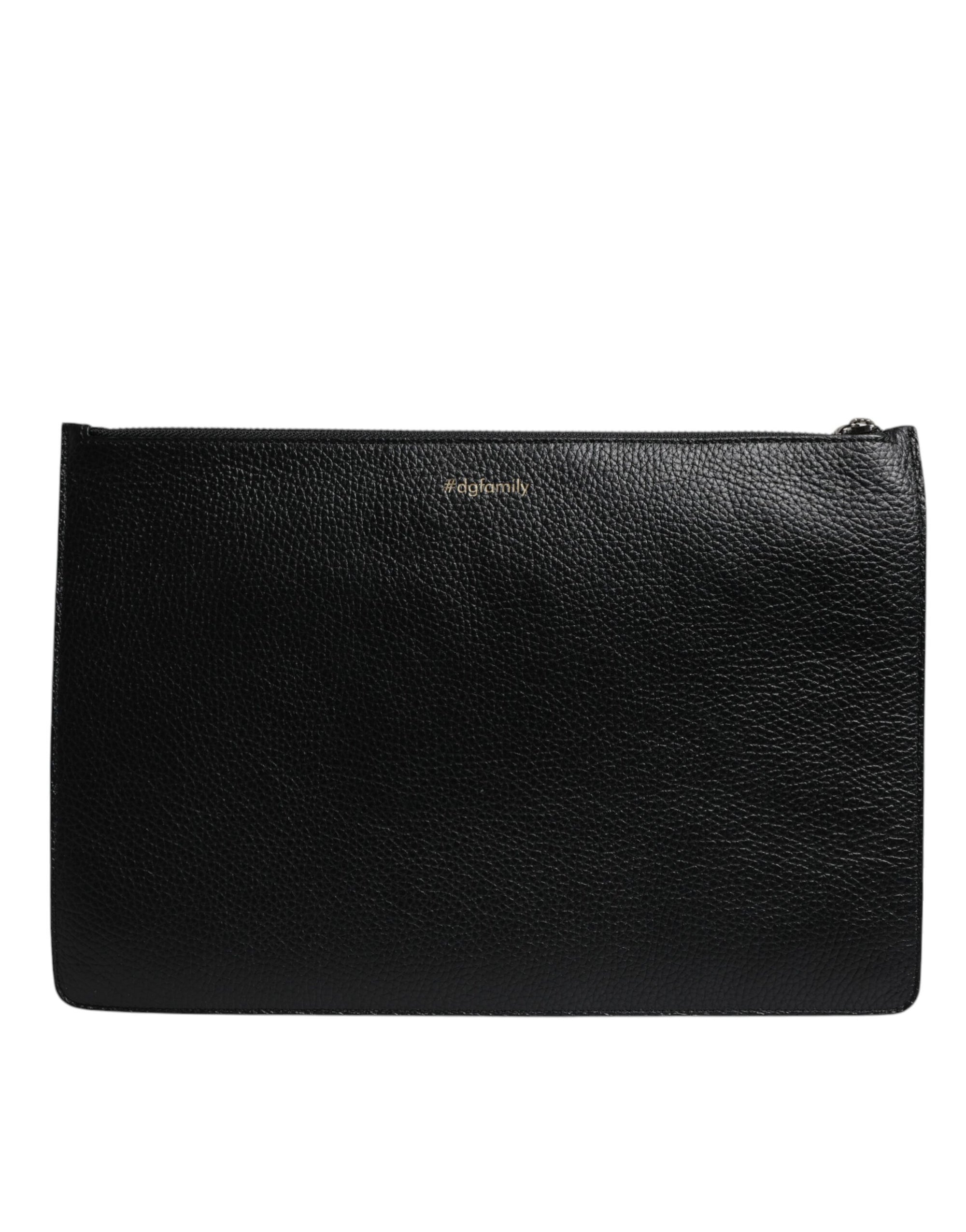 Dolce & Gabbana Black Leather #DGFAMILY Embellished Men Zip Pouch Bag