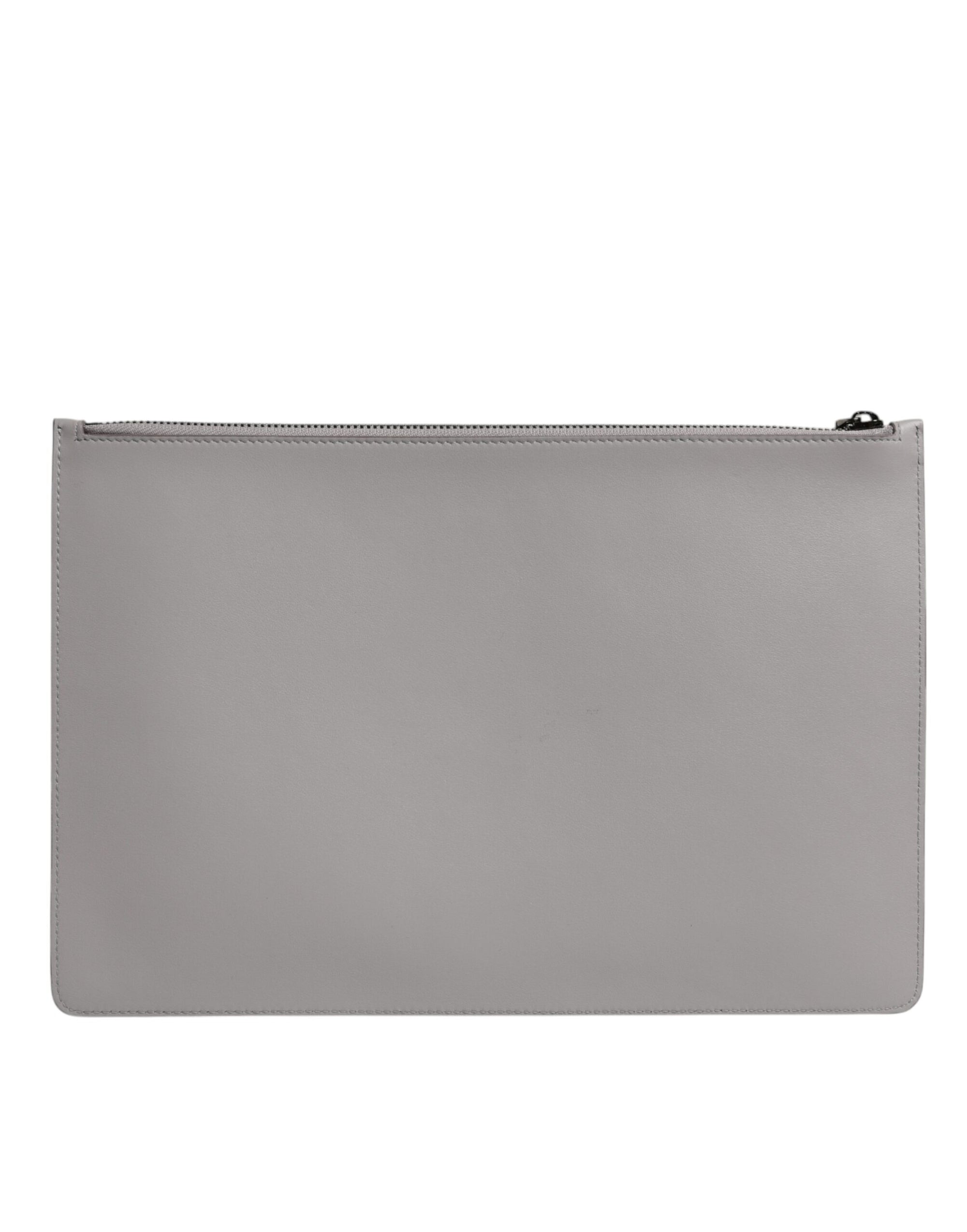 Dolce & Gabbana Gray Solid Leather DG Logo Men Clutch Zip Pouch Bag