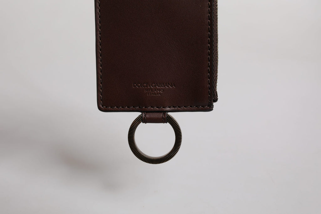Dolce & Gabbana Brown Calf Leather Lanyard Logo Card Holder Wallet
