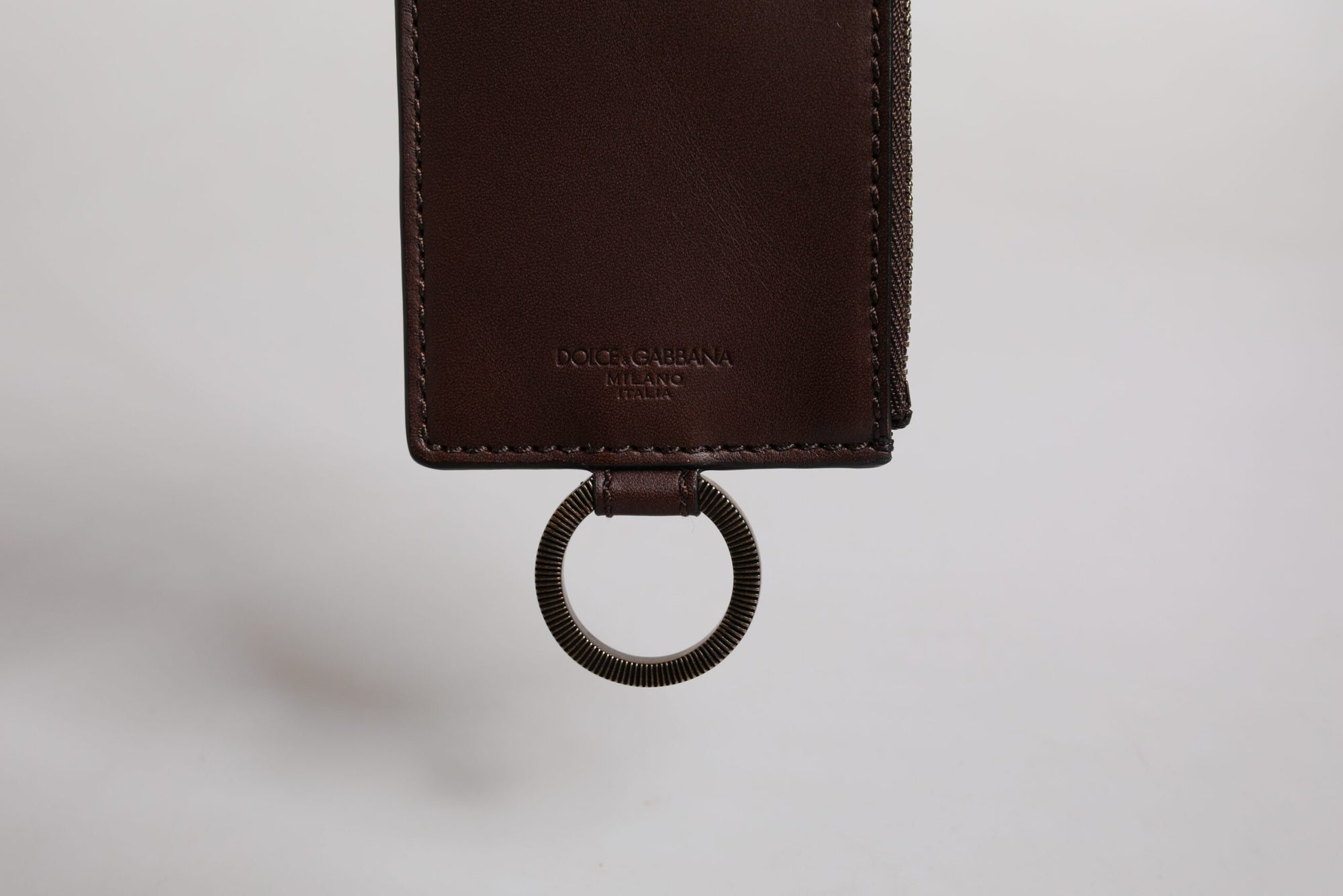 Dolce & Gabbana Brown Calf Leather Lanyard Logo Card Holder Wallet