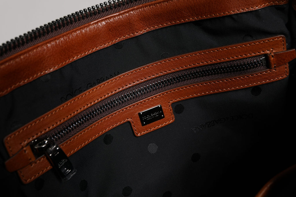 Dolce & Gabbana Beige Brown Cotton Leather Duffle Shoulder Bag