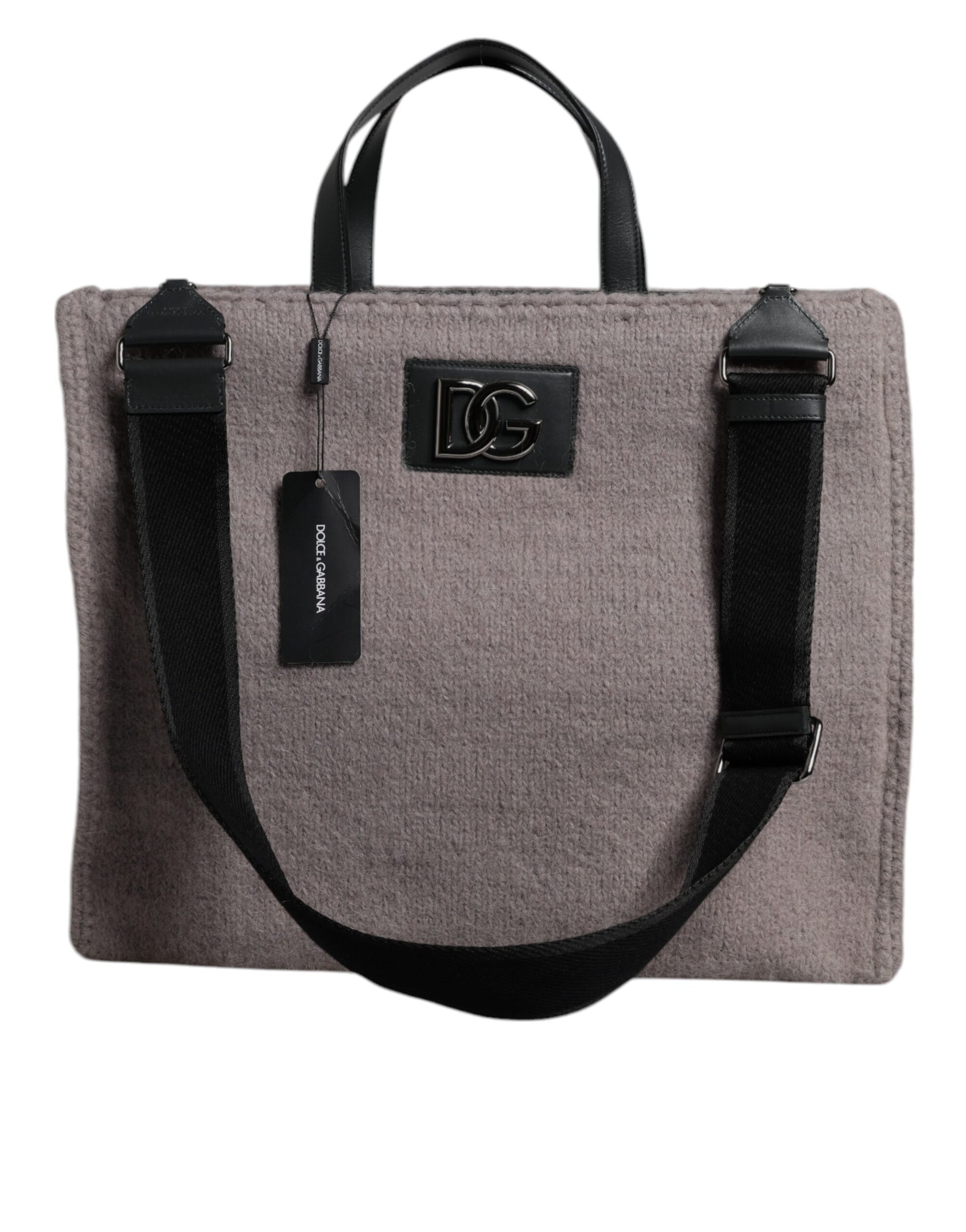 Dolce & Gabbana Grey Alpaca Wool Logo Plaque Tote Shoulder Bag
