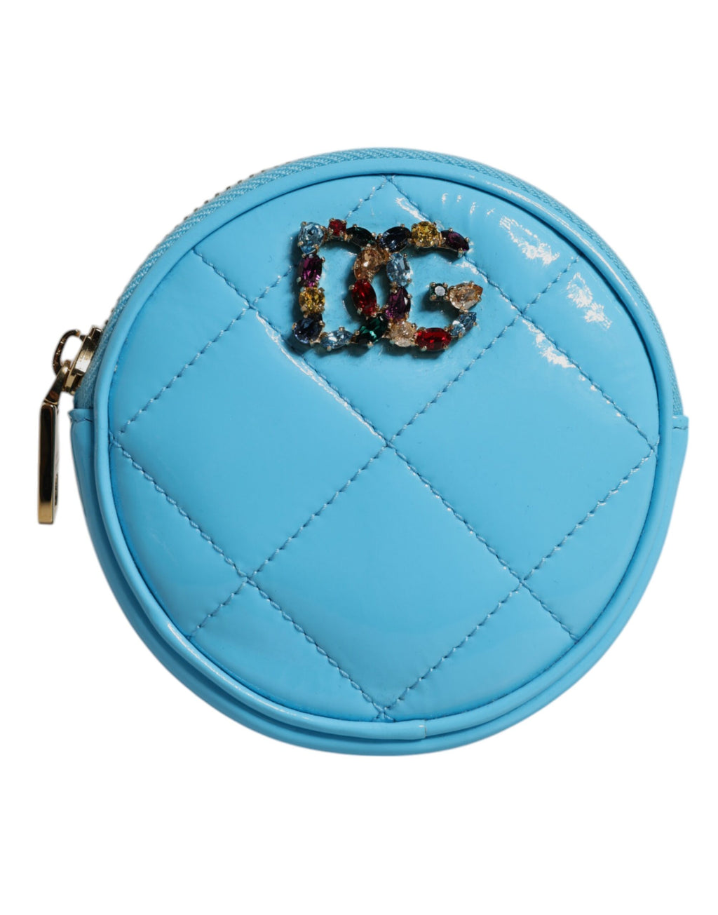 Dolce & Gabbana Light Blue Lamb Leather DG Crystal Round Coin Purse Wallet