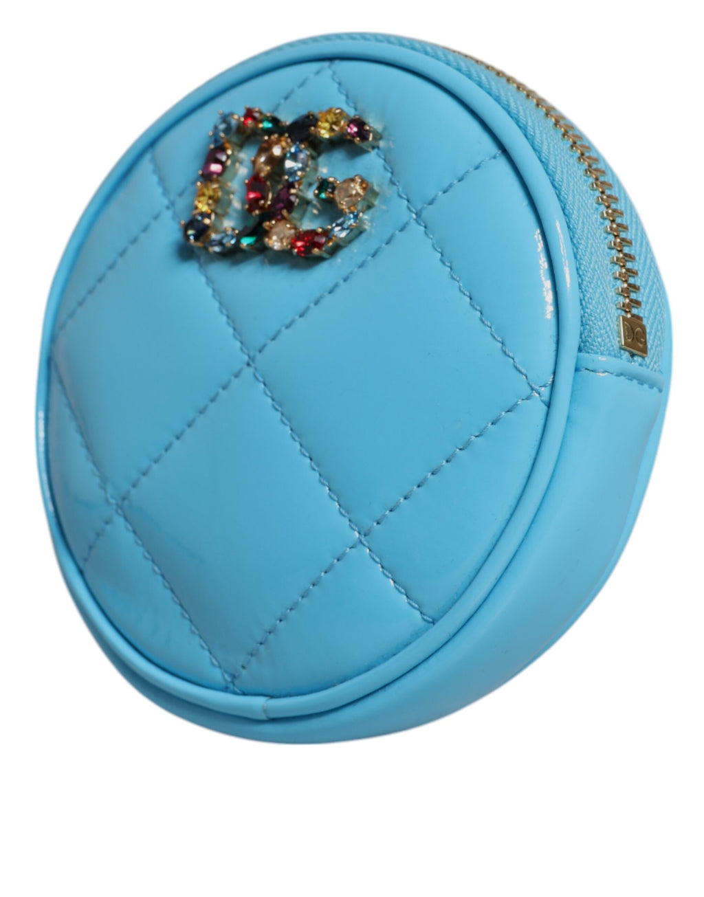 Dolce & Gabbana Light Blue Lamb Leather DG Crystal Round Coin Purse Wallet