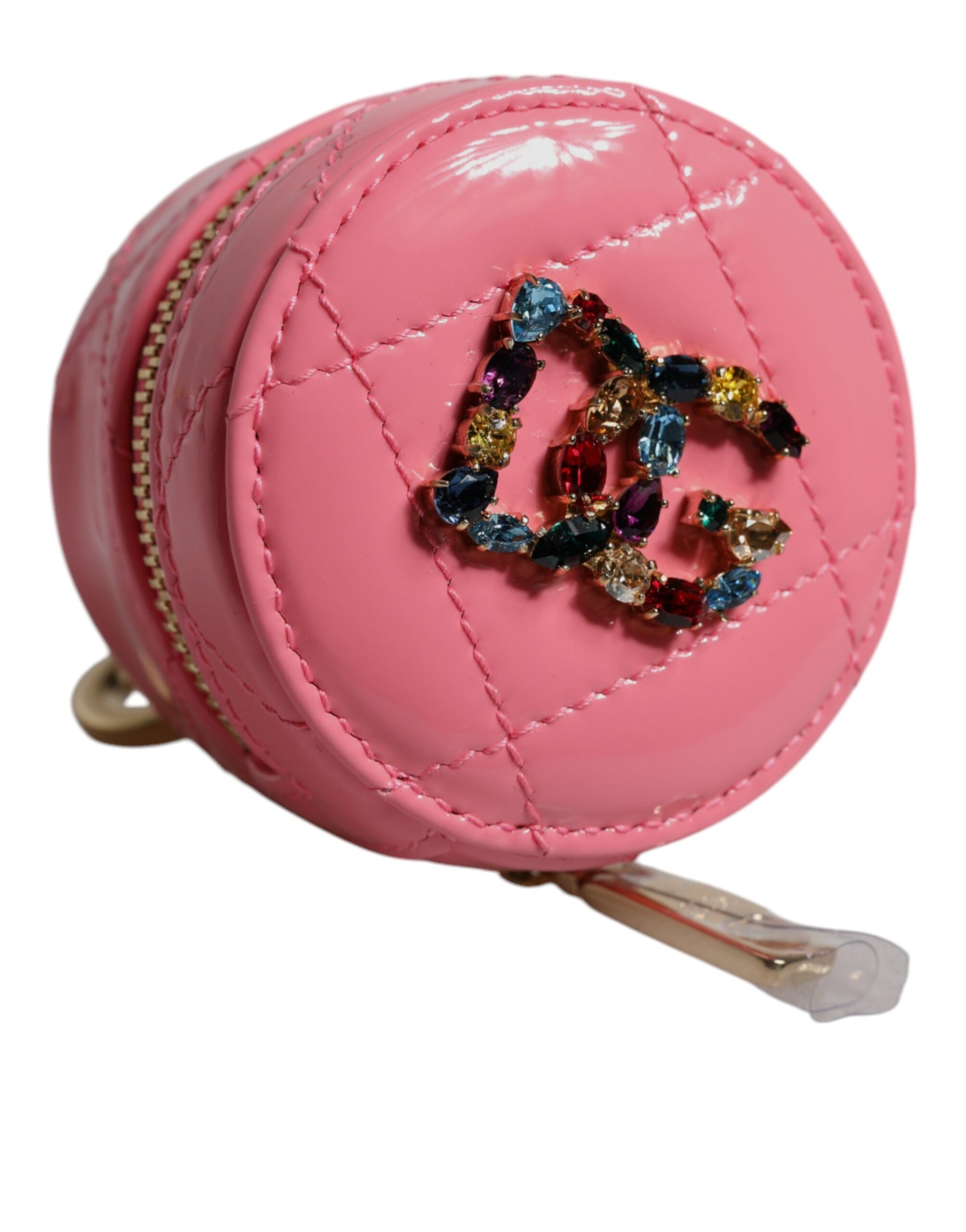 Dolce & Gabbana Pink Lamb Leather DG Crystal Round Coin Purse Wallet