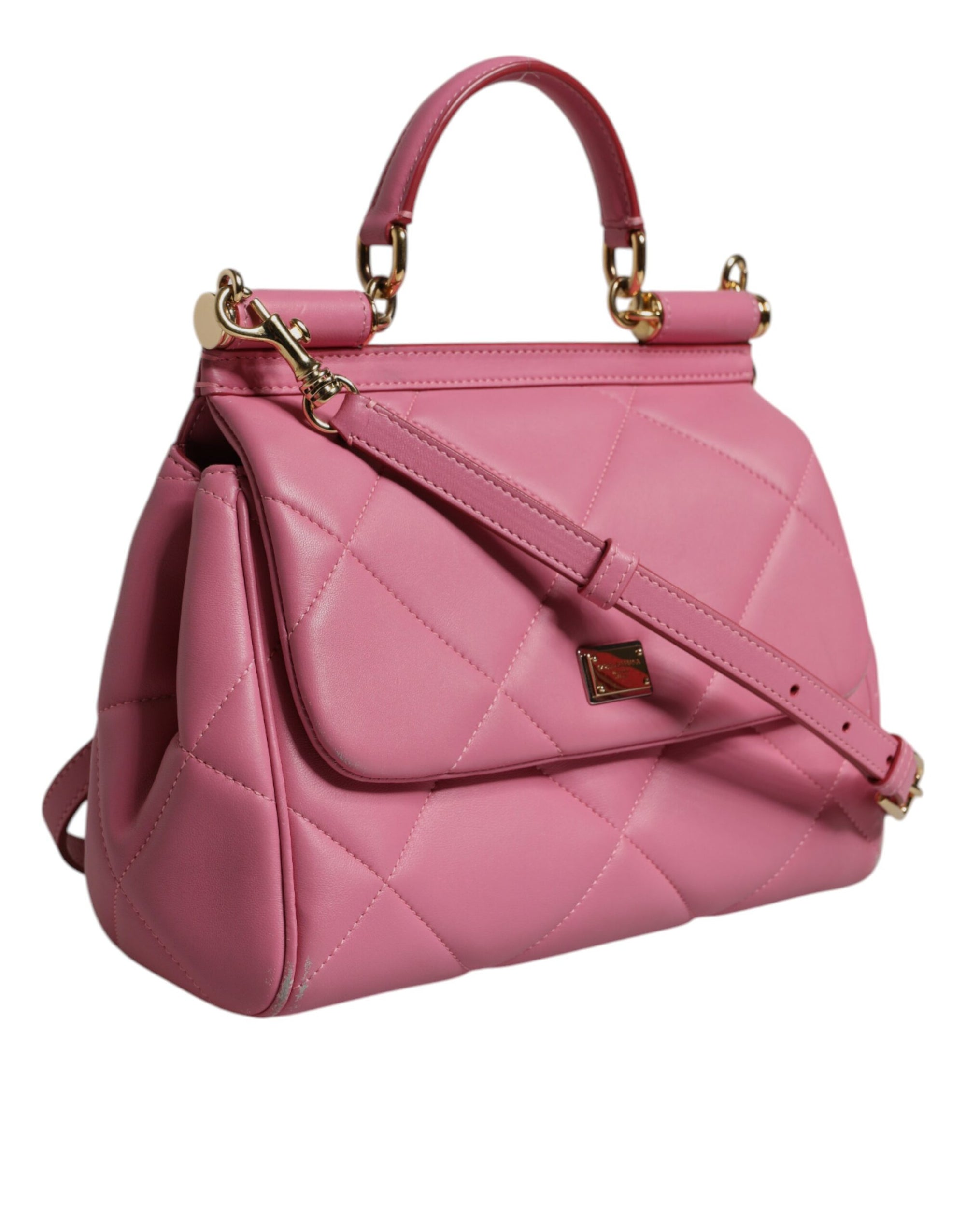 Dolce & Gabbana Pink Leather Sicily Logo Shoulder Satchel Bag