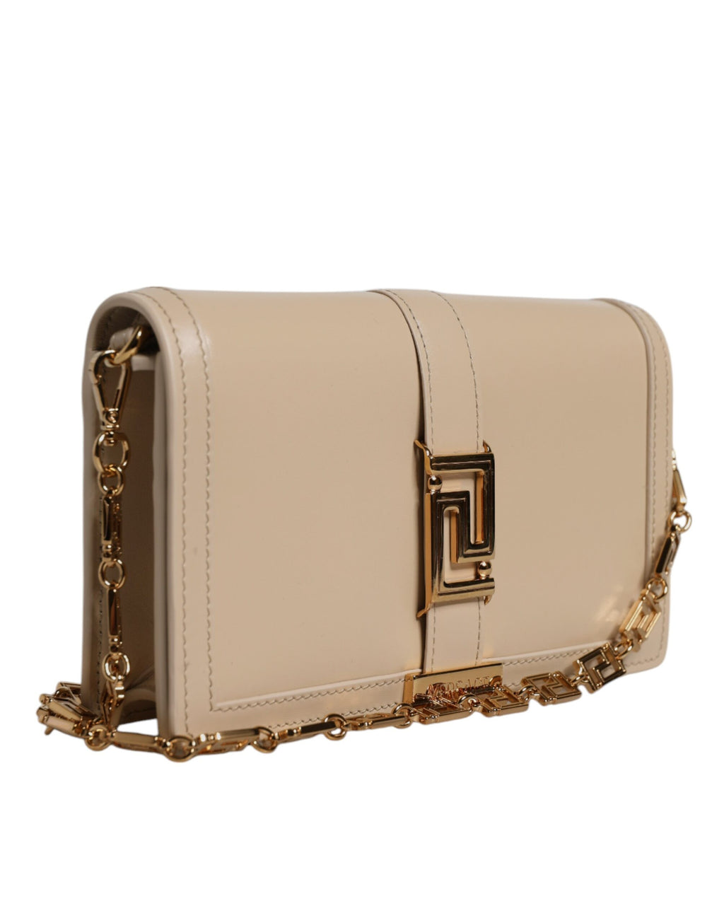 Versace Beige Gold Chain Calf Leather Wallet Crossbody Bag
