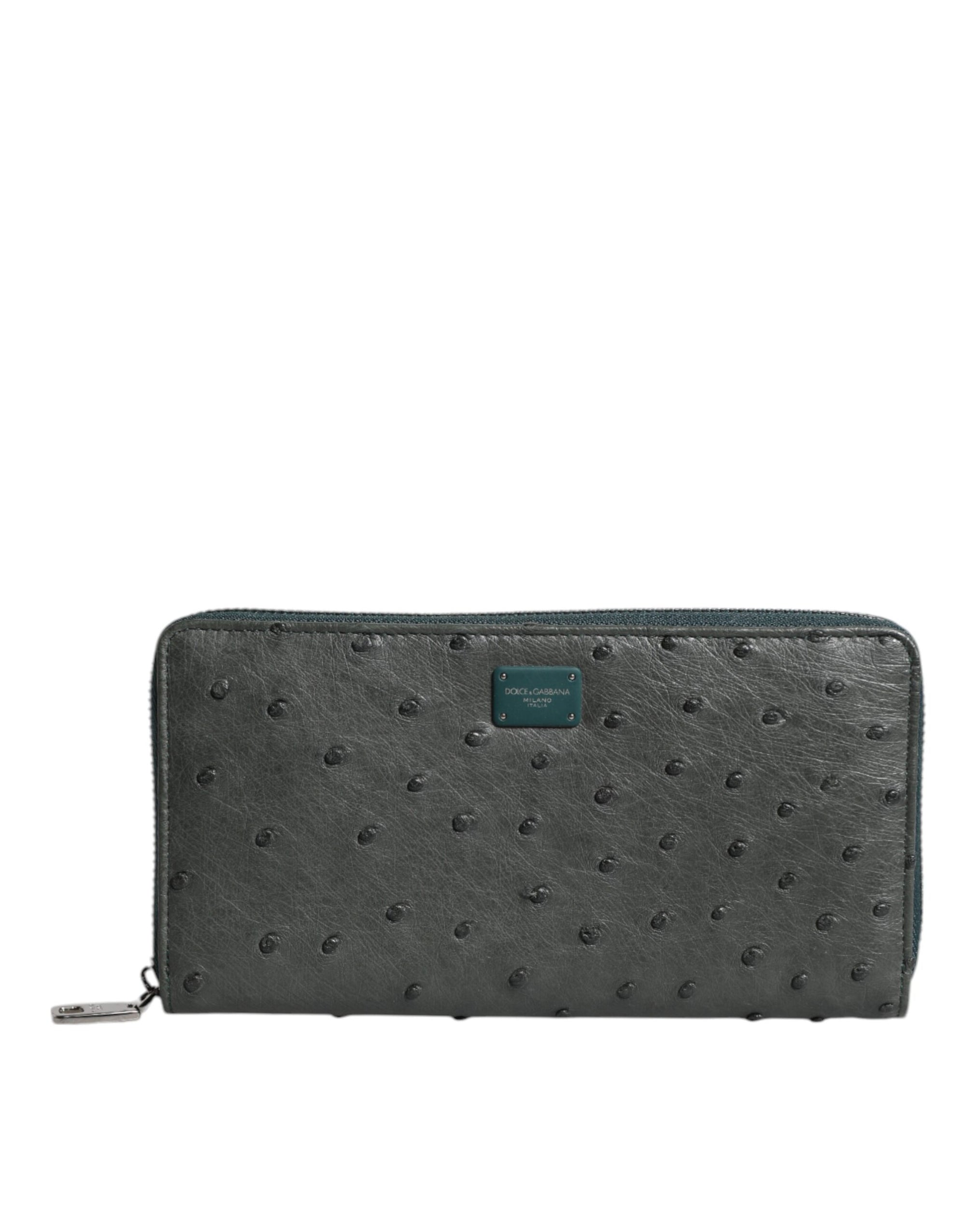Dolce & Gabbana Green Ostrich Logo Plaque Zip Around Continental Wallet