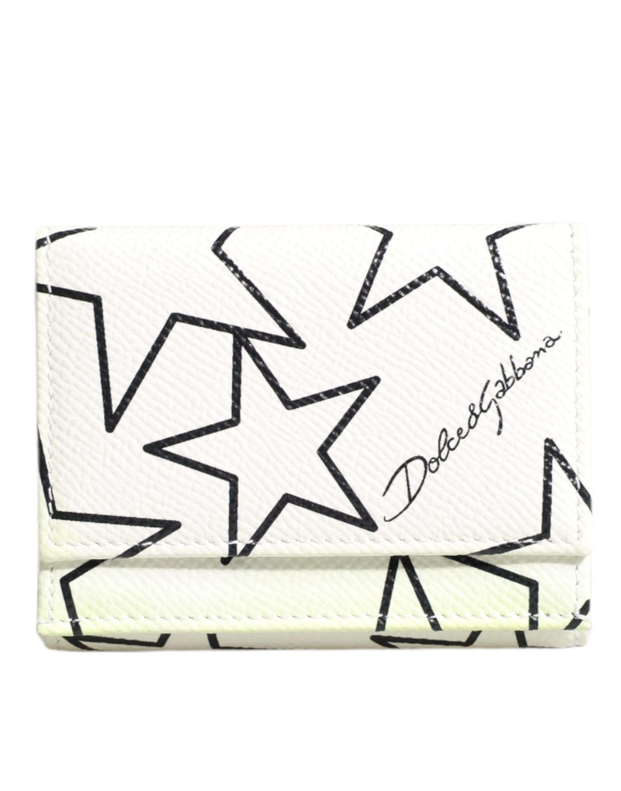 Dolce & Gabbana White Leather Trifold DG Star Print Card Holder Wallet