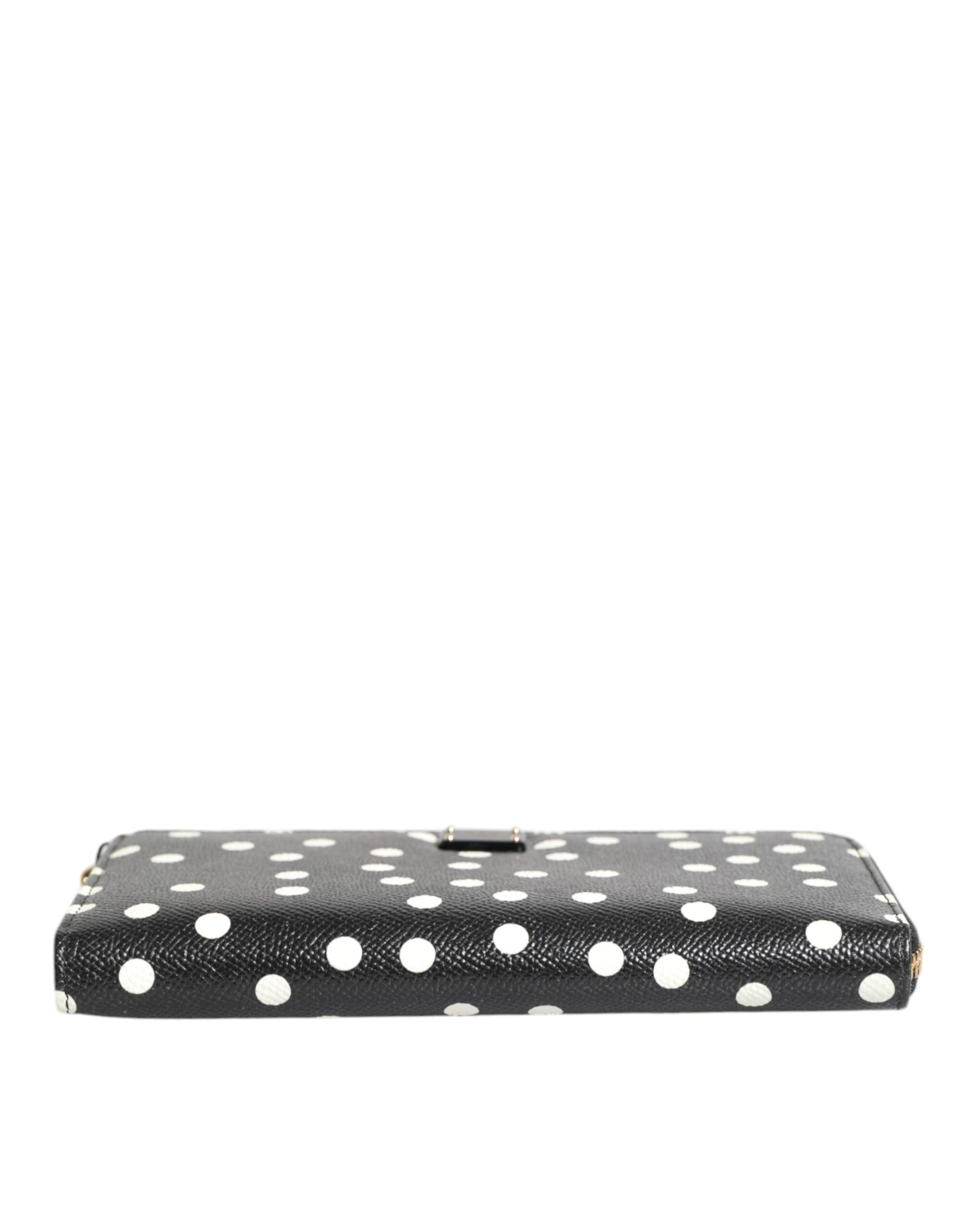 Dolce & Gabbana Black White Dotted Leather Zip Around Continental Wallet
