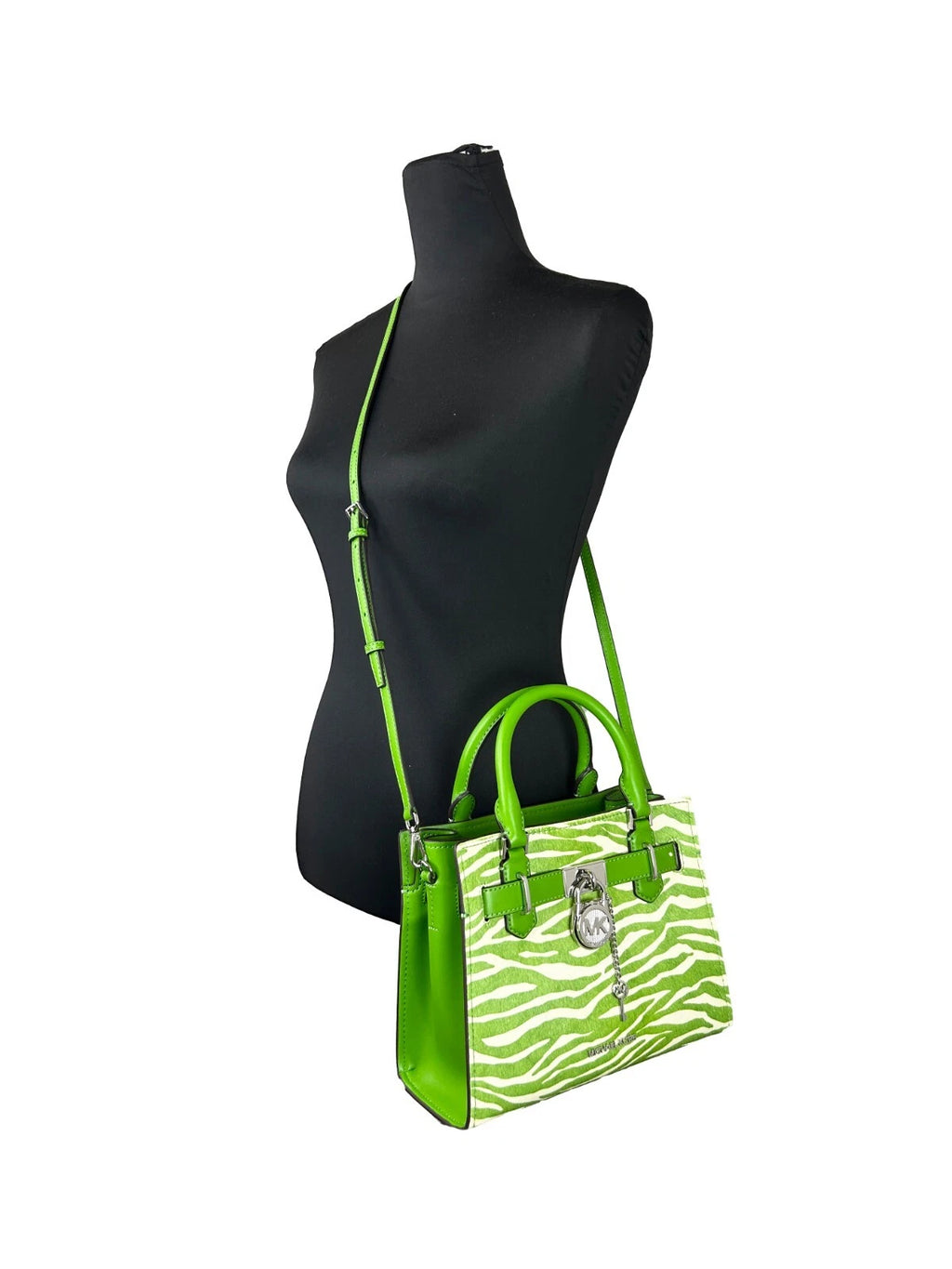 Michael Kors Hamilton Small Leather Zebra Print Satchel Crossbody Jungle Green