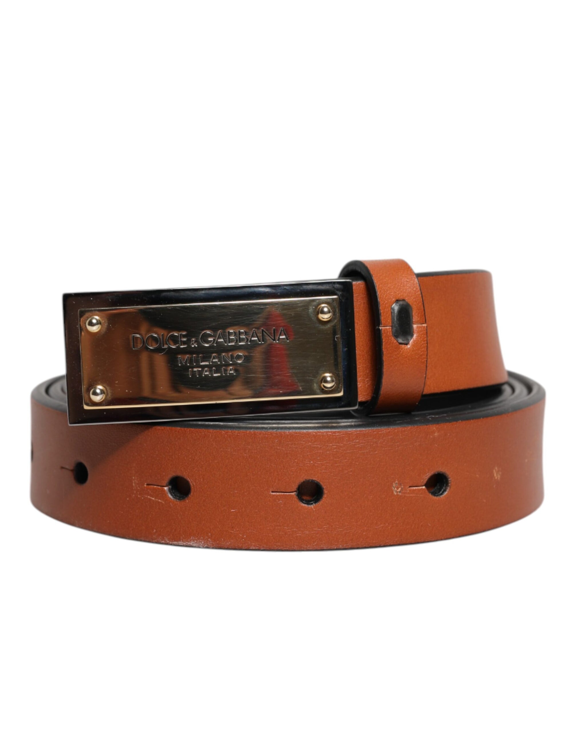 Dolce & Gabbana Brown Leather Gold Rectangle Buckle Belt
