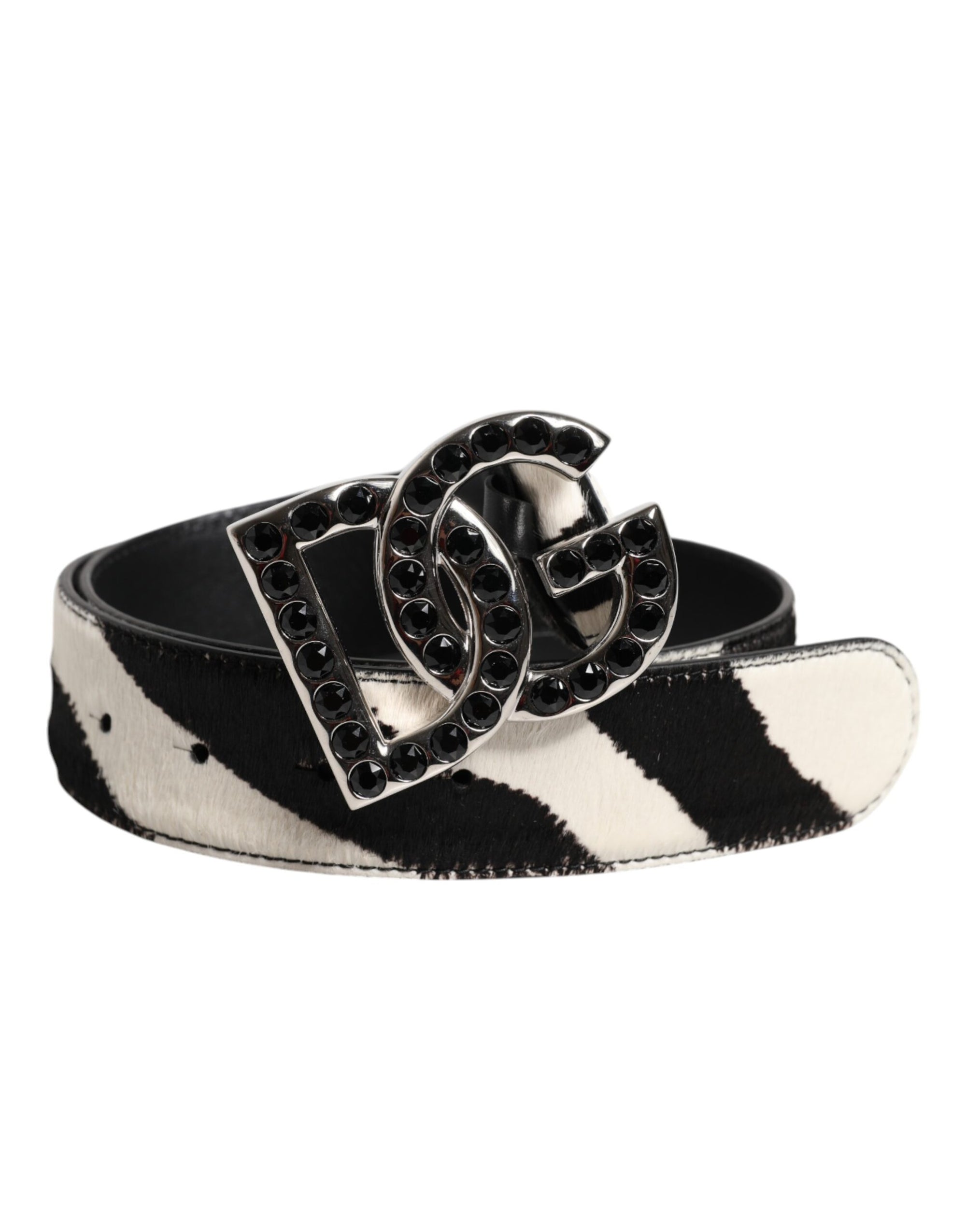 Dolce & Gabbana White Black Leather Zebra DG Crystal Buckle Belt