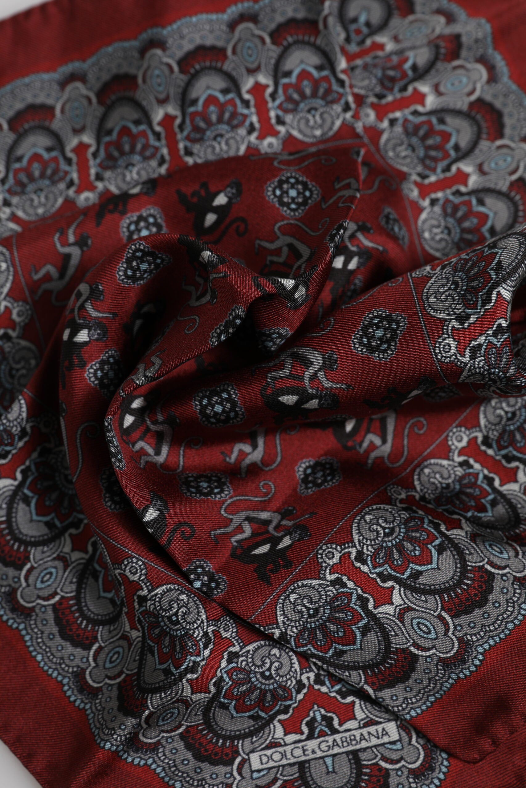 Dolce & Gabbana Maroon Monkey Print Silk Square Foulard Scarf