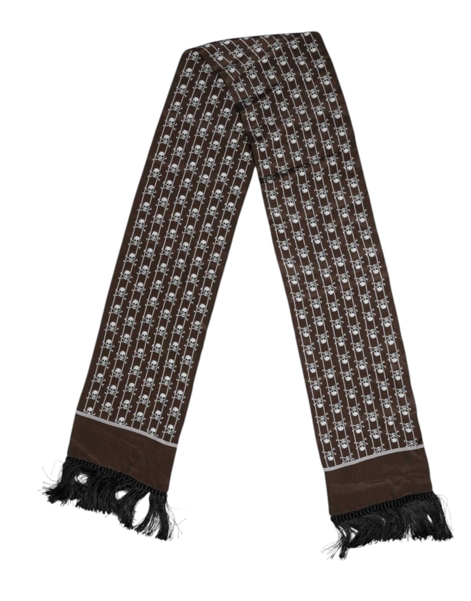 Dolce & Gabbana Brown Skulls Print Fringes Foulard Scarf