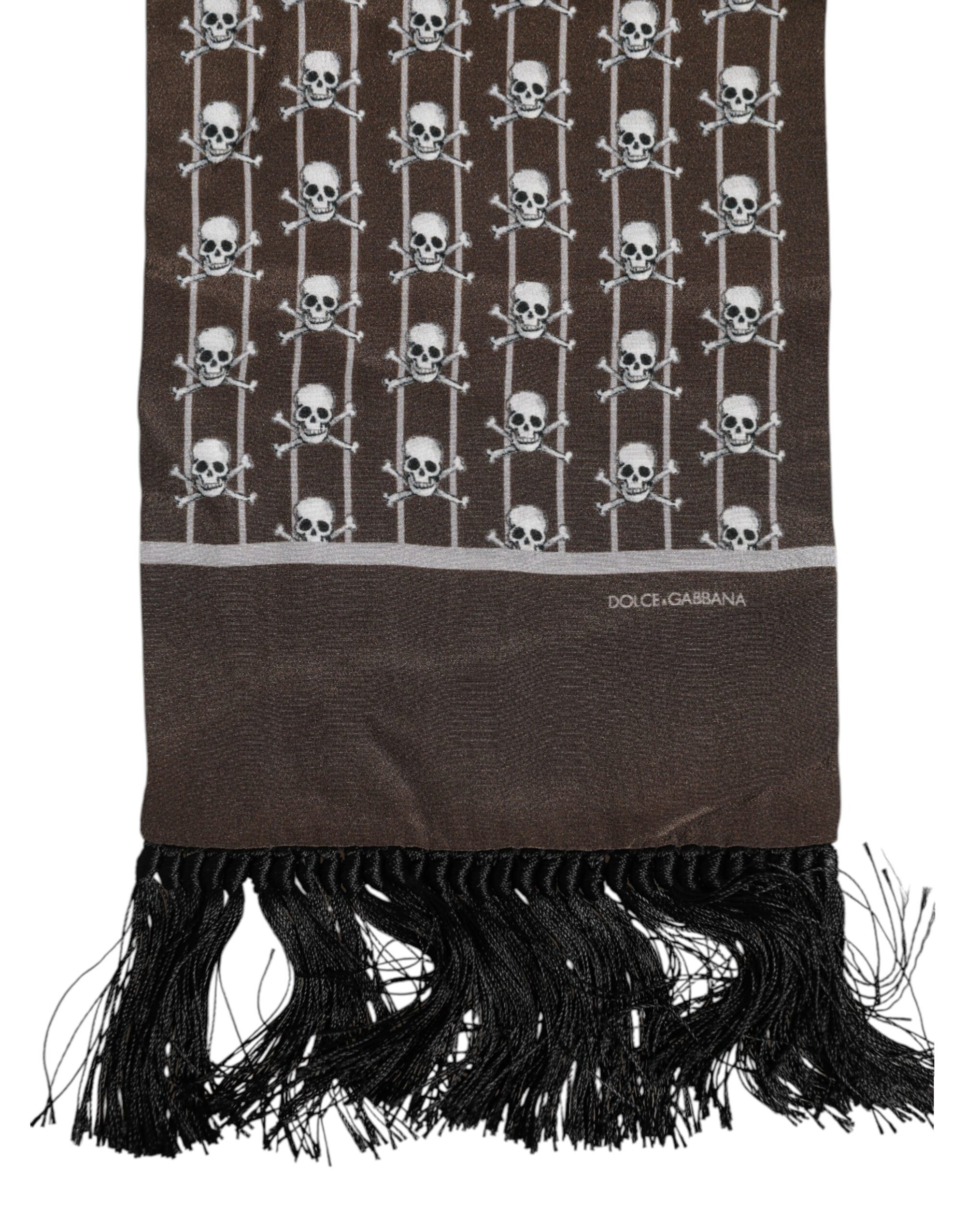 Dolce & Gabbana Brown Skulls Print Fringes Foulard Scarf