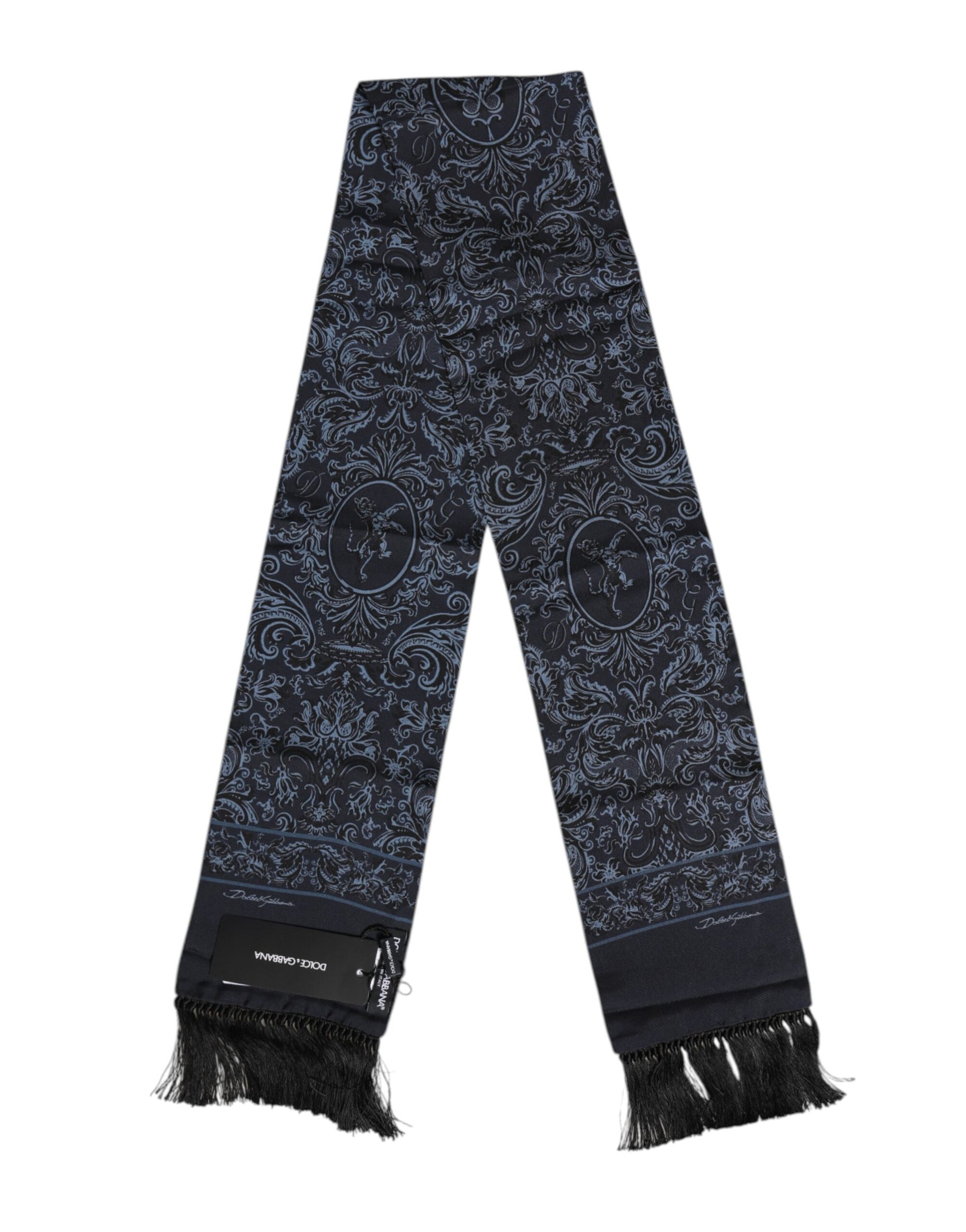 Dolce & Gabbana Blue Printed Silk Fringes Men Foulard Scarf