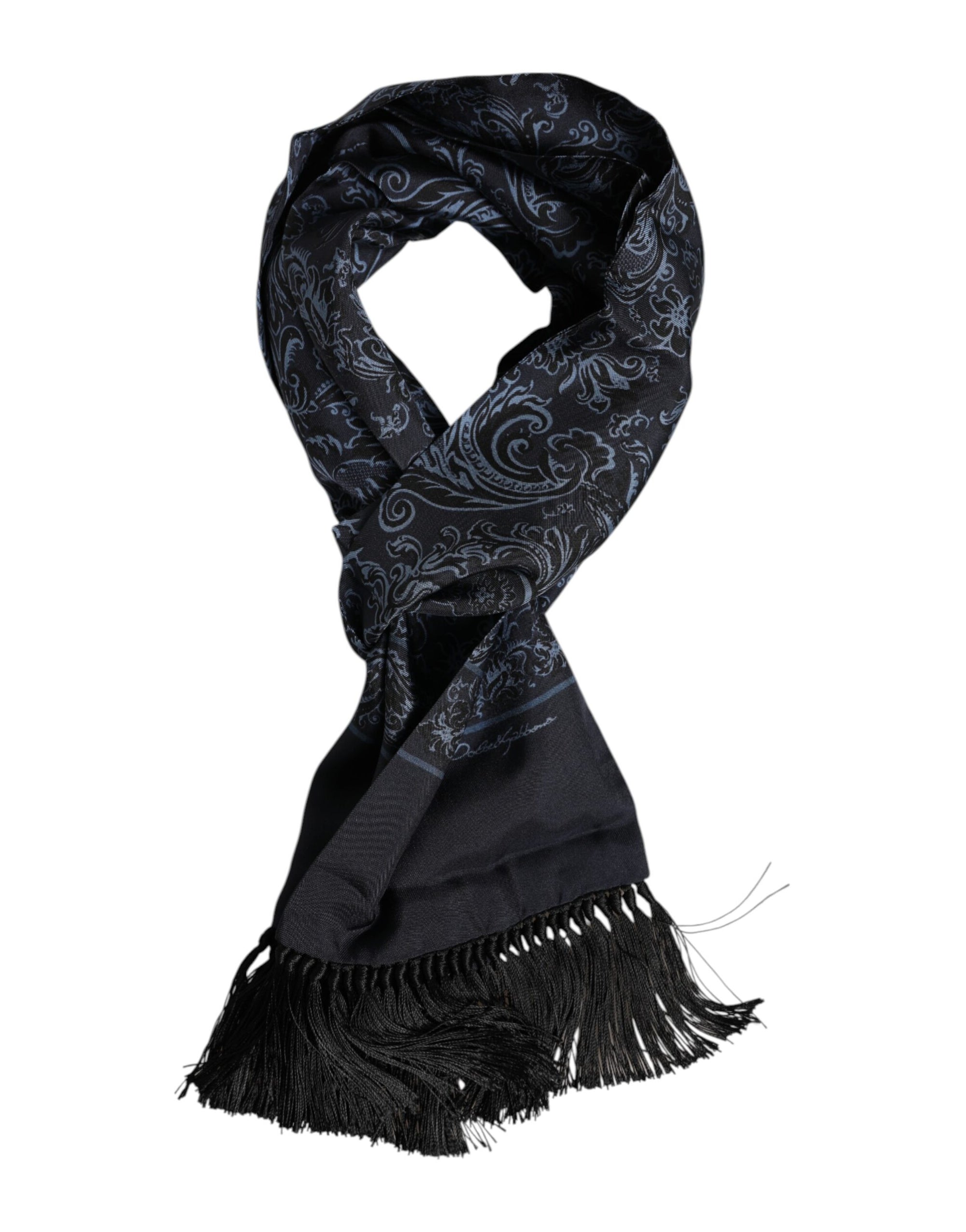 Dolce & Gabbana Blue Printed Silk Fringes Men Foulard Scarf