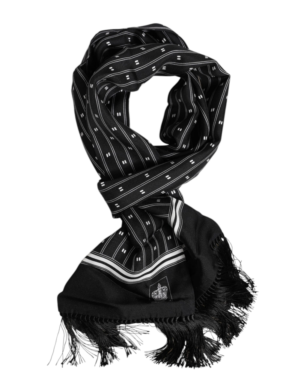 Dolce & Gabbana Black Silk Printed Fringes Men Foulard Scarf
