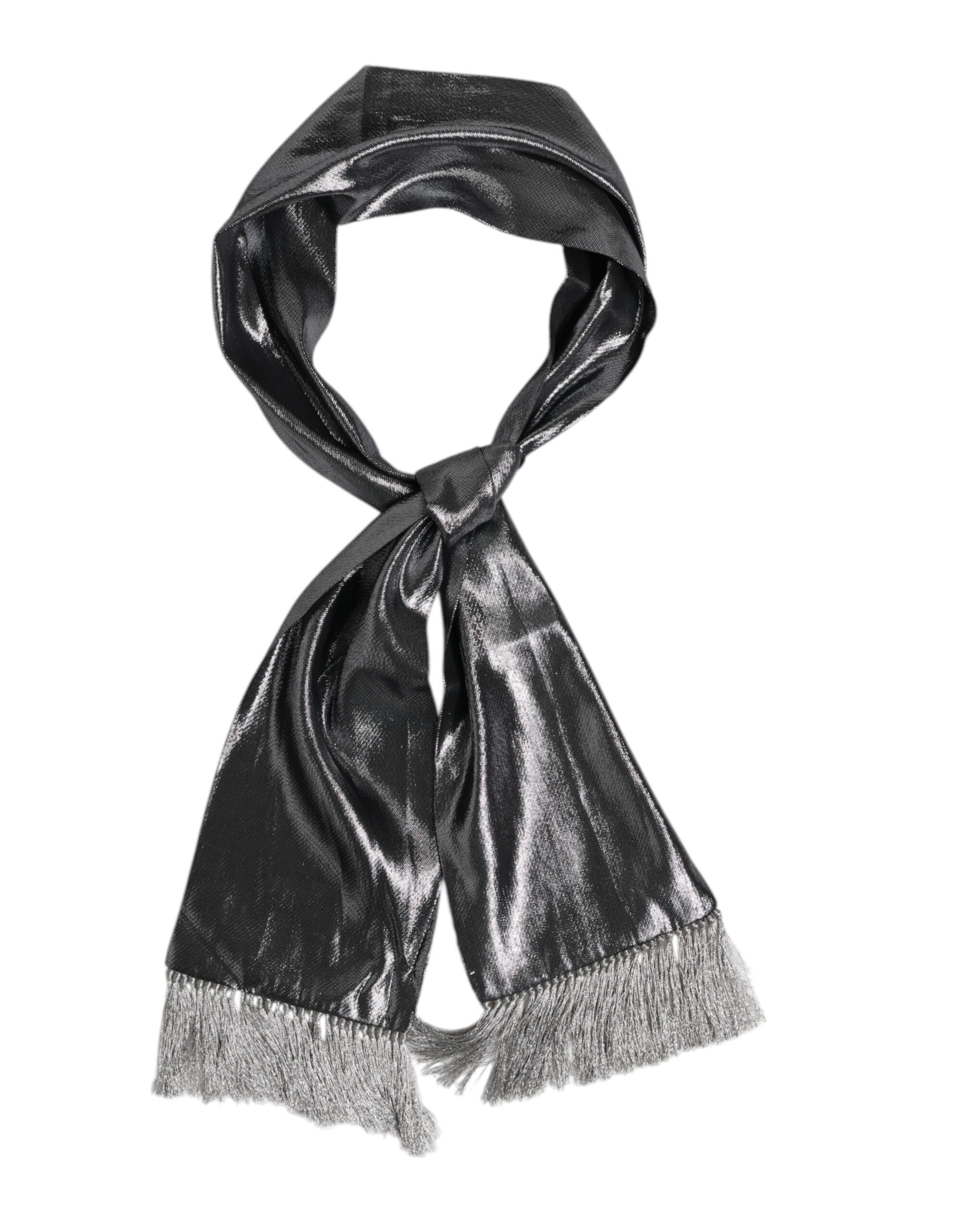 Dolce & Gabbana Metallic Gray Silk Fringes Foulard Scarf