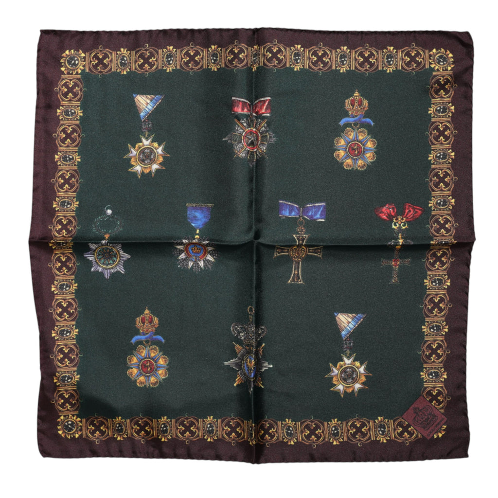 Dolce & Gabbana Green Medals Silk Square Foulard Scarf