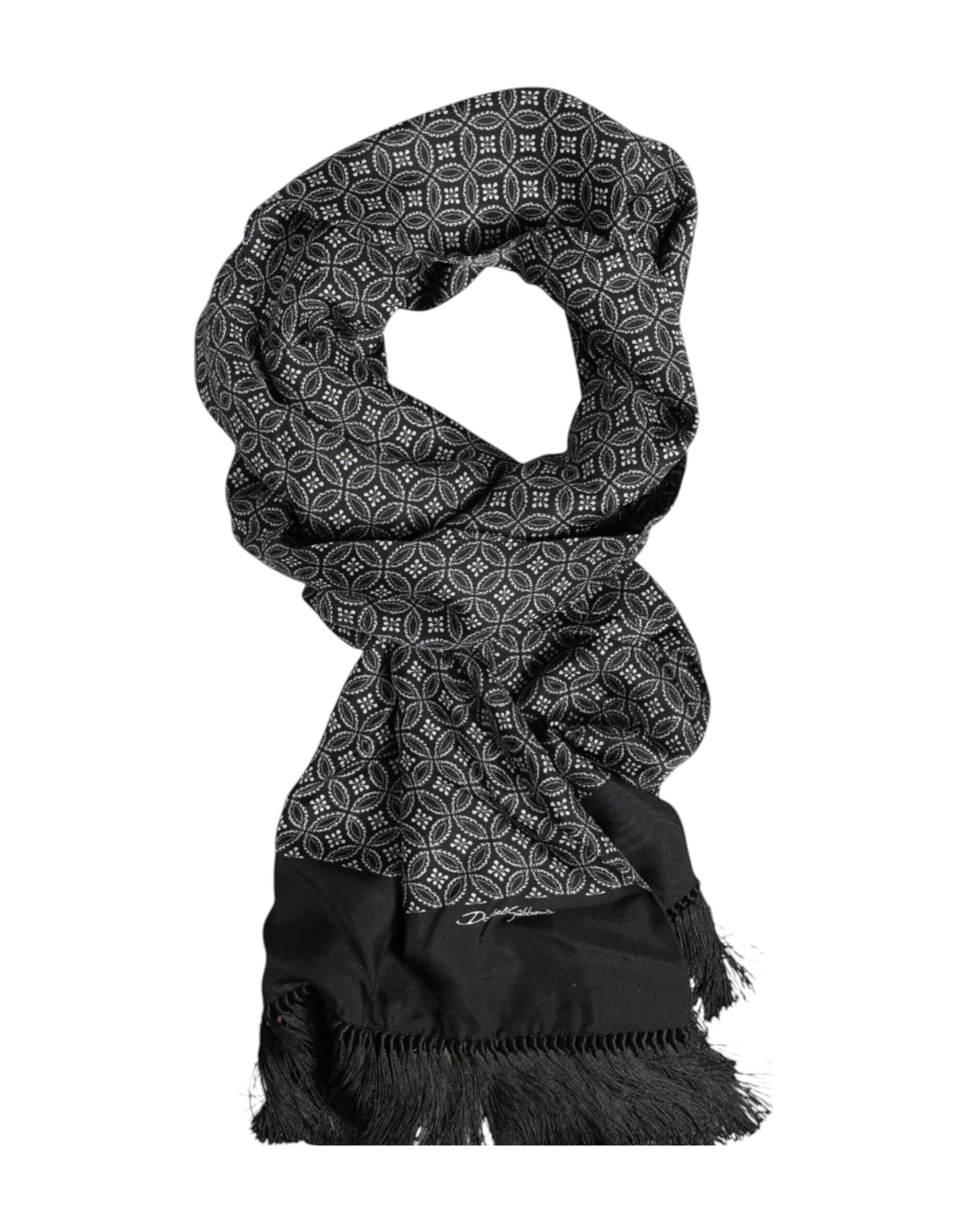 Dolce & Gabbana Black Patterned Fringes Men Foulard Scarf