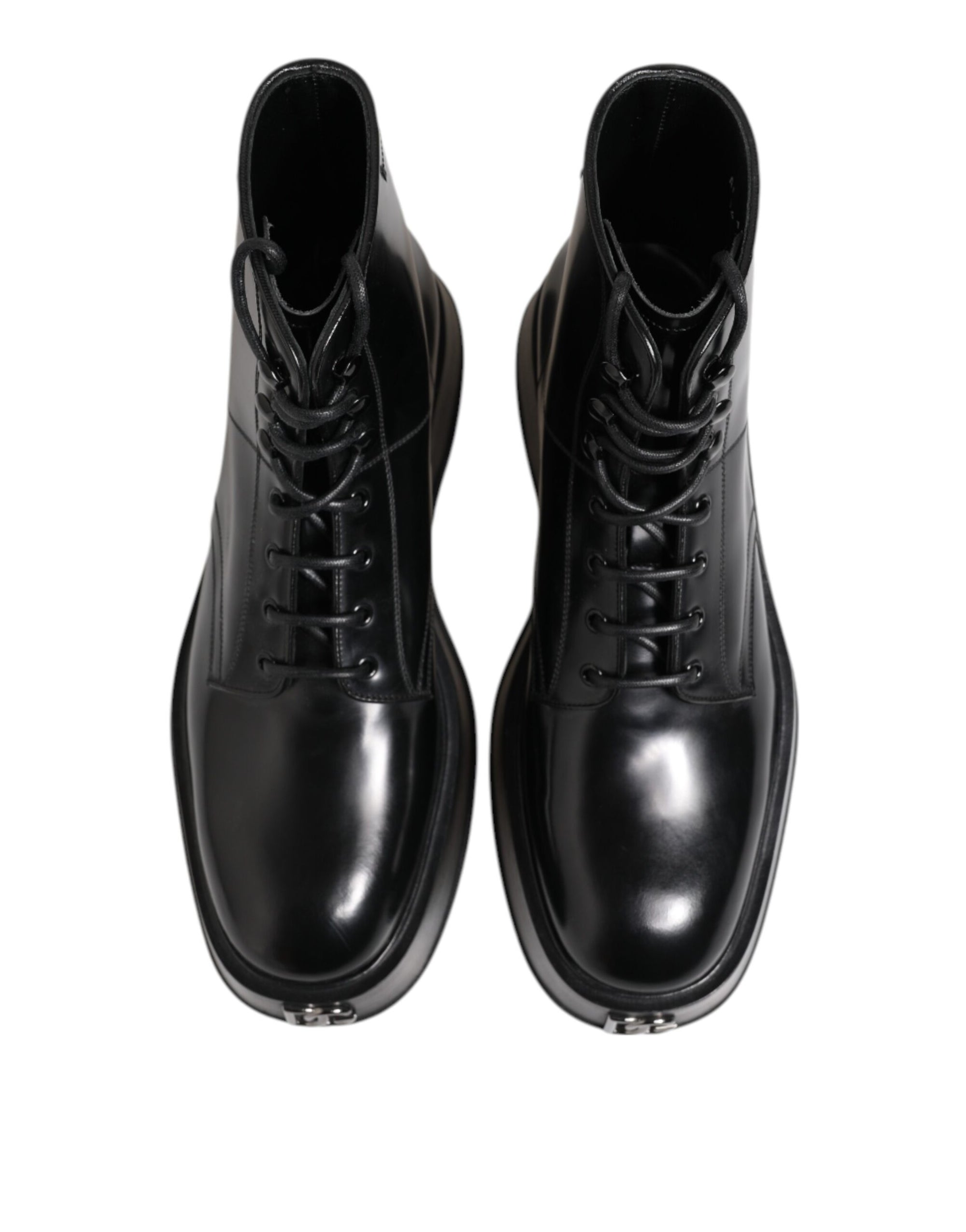 Dolce & Gabbana Black Leather Logo Ankle Boots Lace Up Shoes