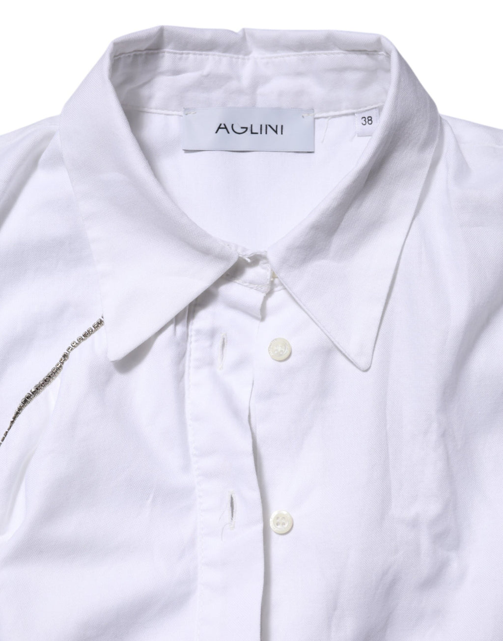AGLINI White Cotton Collared Long Sleeves Ruffle Top Shirt