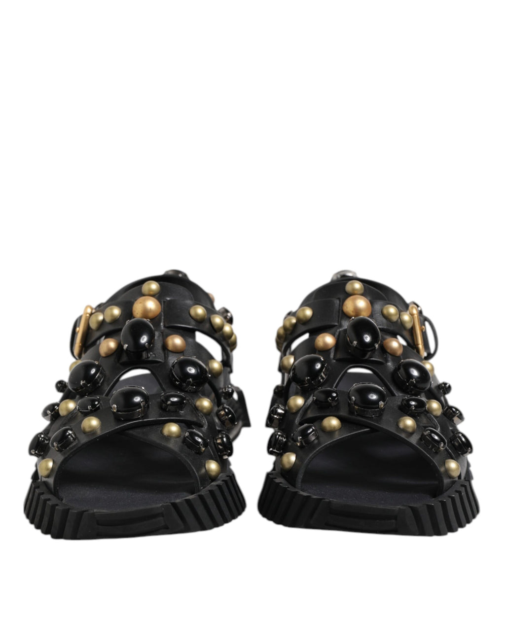 Dolce & Gabbana Black Leather Studded Ankle Strap Sandals Shoes