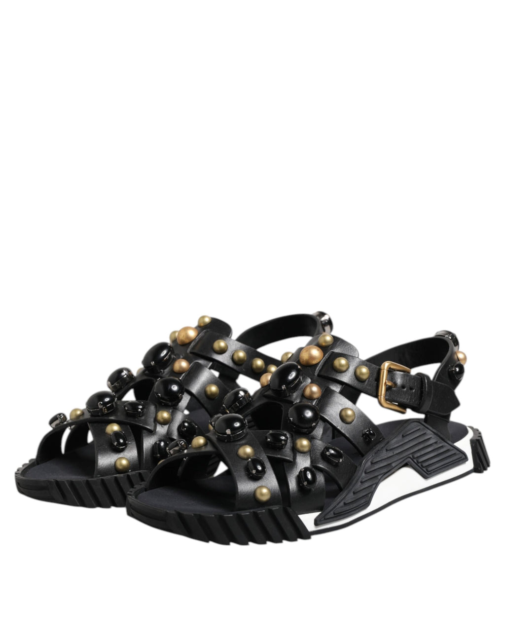 Dolce & Gabbana Black Leather Studded Ankle Strap Sandals Shoes