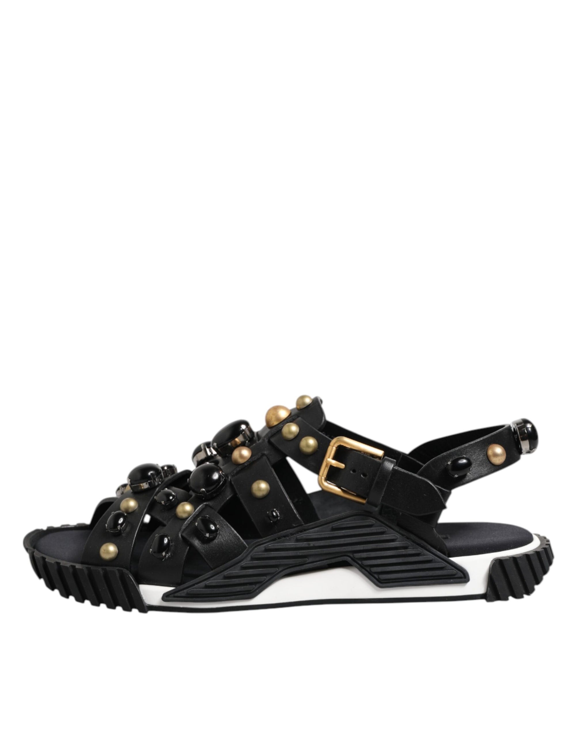 Dolce & Gabbana Black Leather Studded Ankle Strap Sandals Shoes
