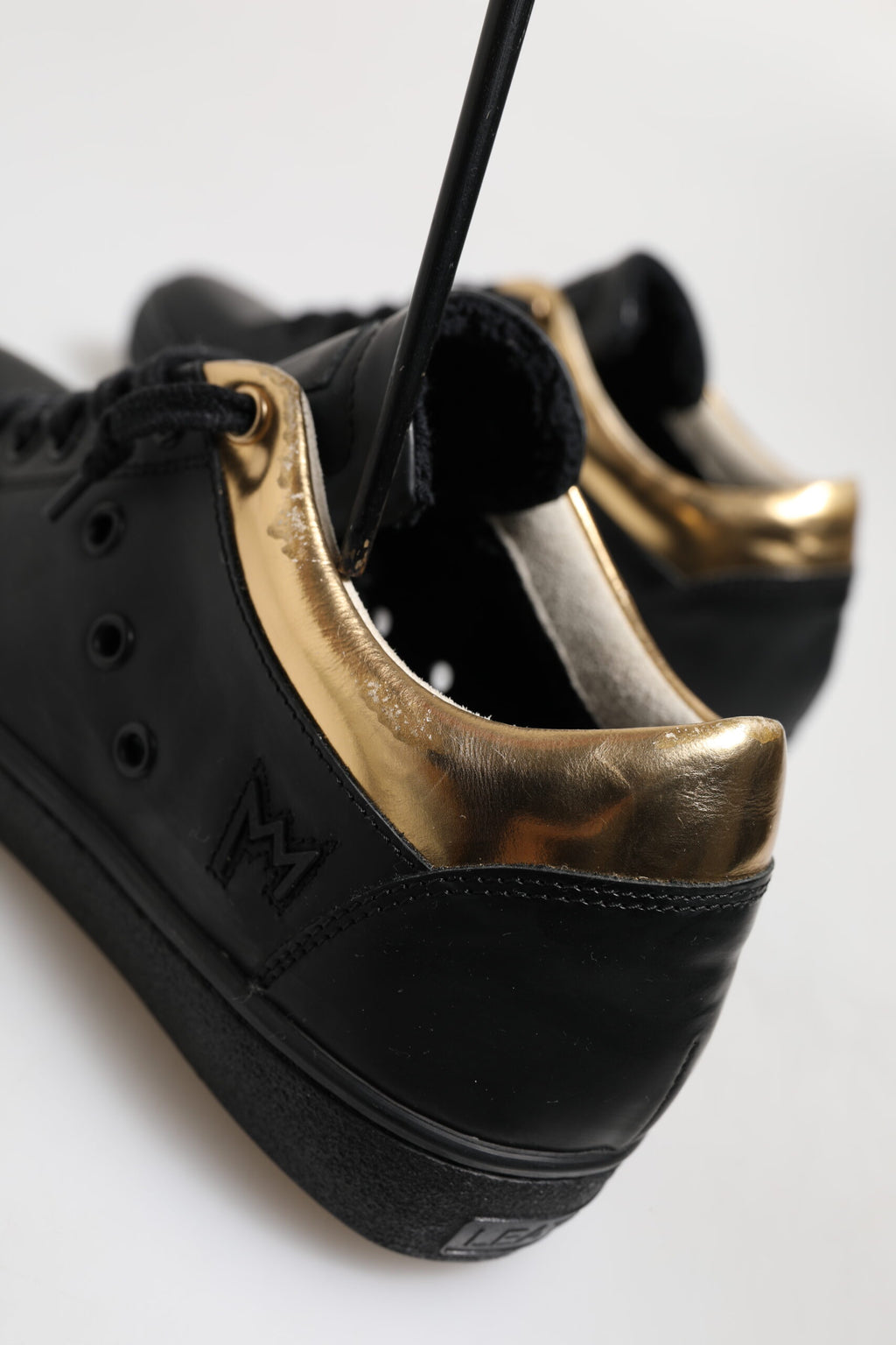 Leather Crown Black Gold Lace Up Low Top Women Sneakers Shoes