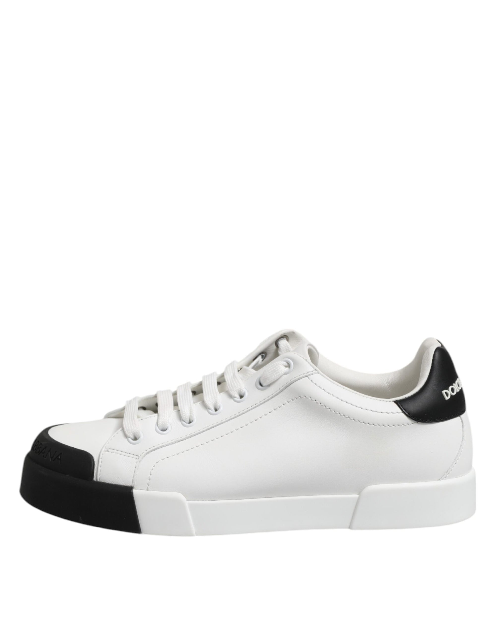 Dolce & Gabbana White Black Logo Leather Lace Up Sneakers Shoes