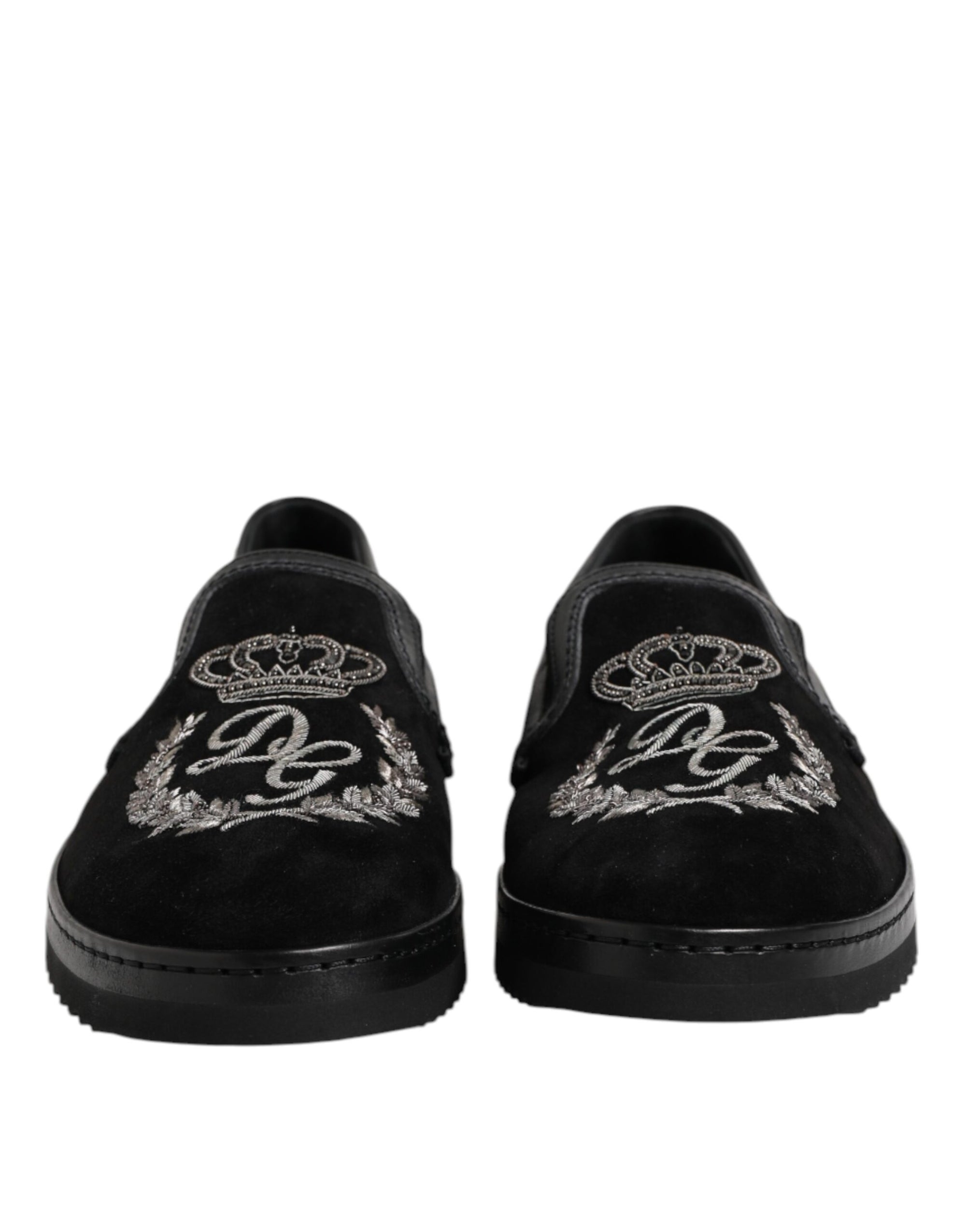 Dolce & Gabbana Black Embroidered Crown Loafers Shoes