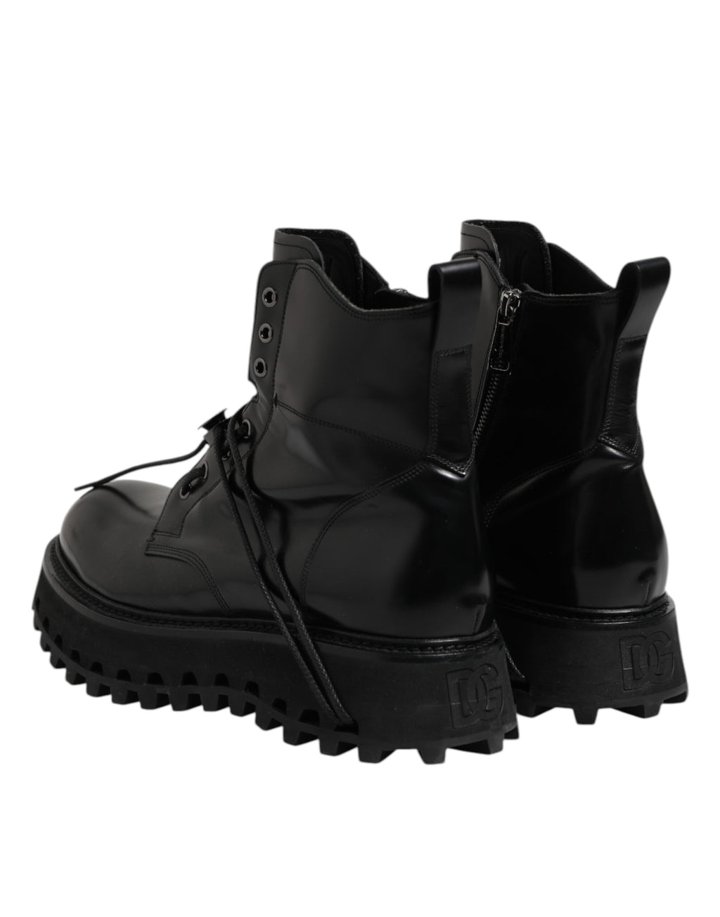 Dolce & Gabbana Black Leather Logo Ankle Boots Lace Up Shoes
