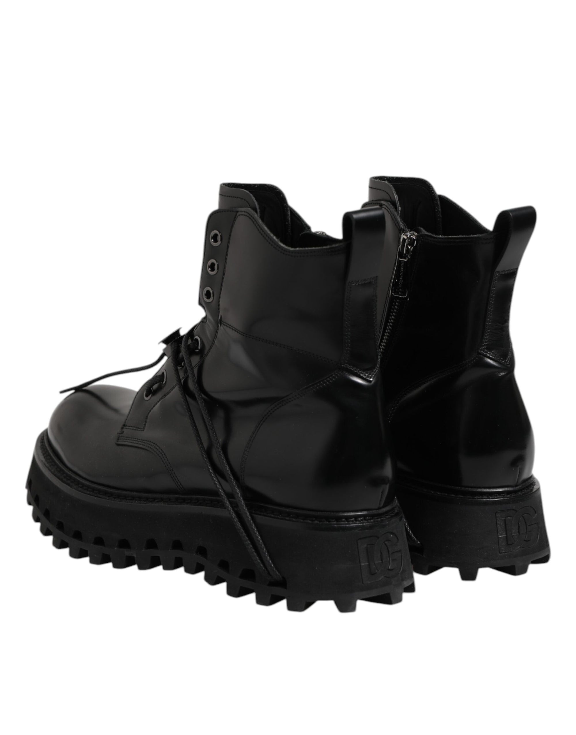 Dolce & Gabbana Black Leather Logo Ankle Boots Lace Up Shoes