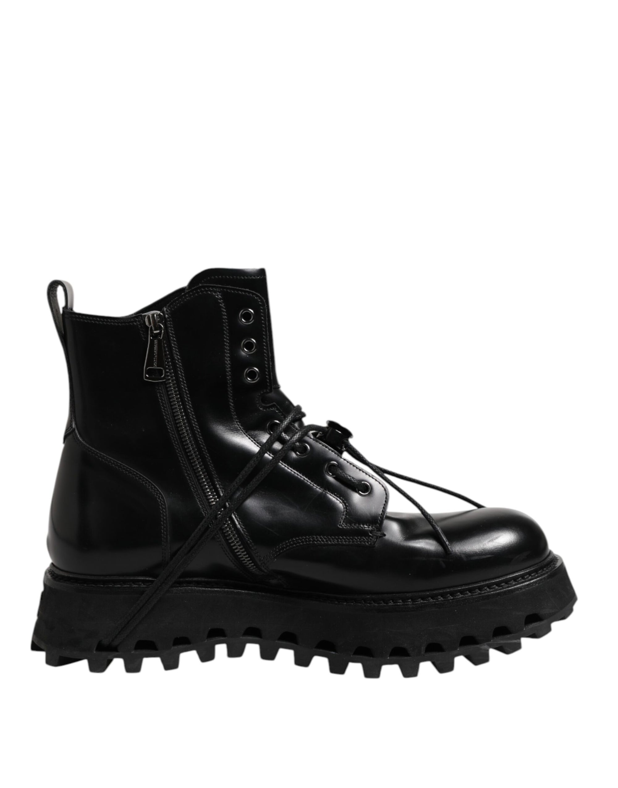 Dolce & Gabbana Black Leather Logo Ankle Boots Lace Up Shoes