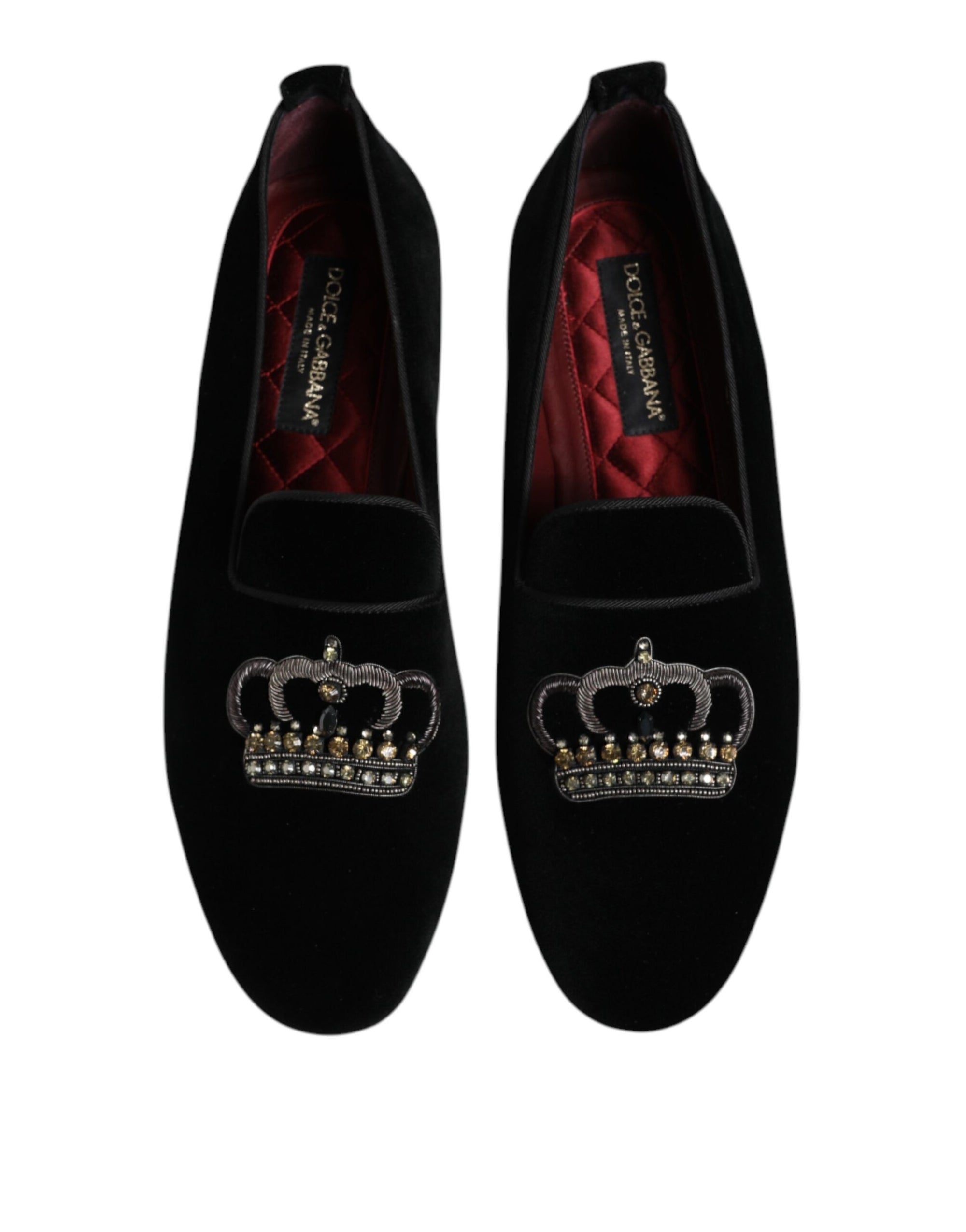 Dolce & Gabbana Black Velvet Crystal Crown Loafers Dress Shoes