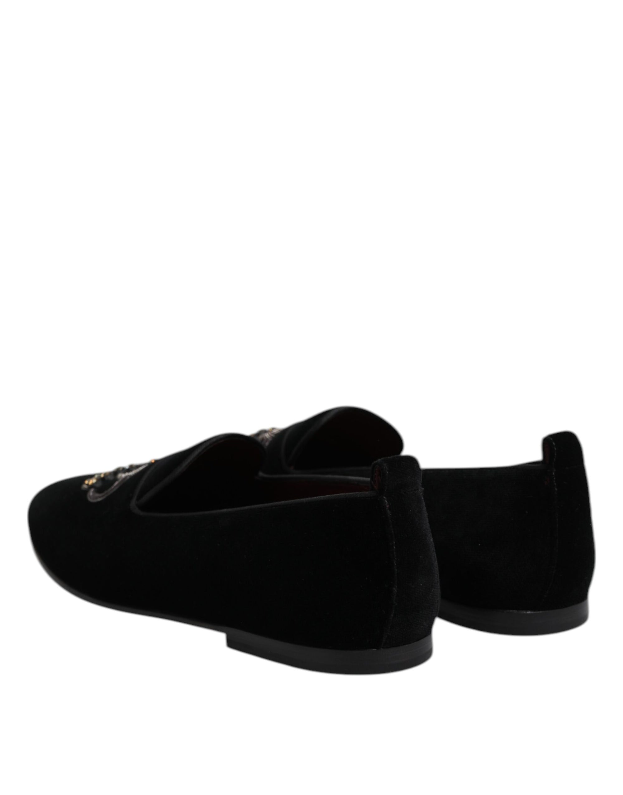 Dolce & Gabbana Black Velvet Crystal Crown Loafers Dress Shoes