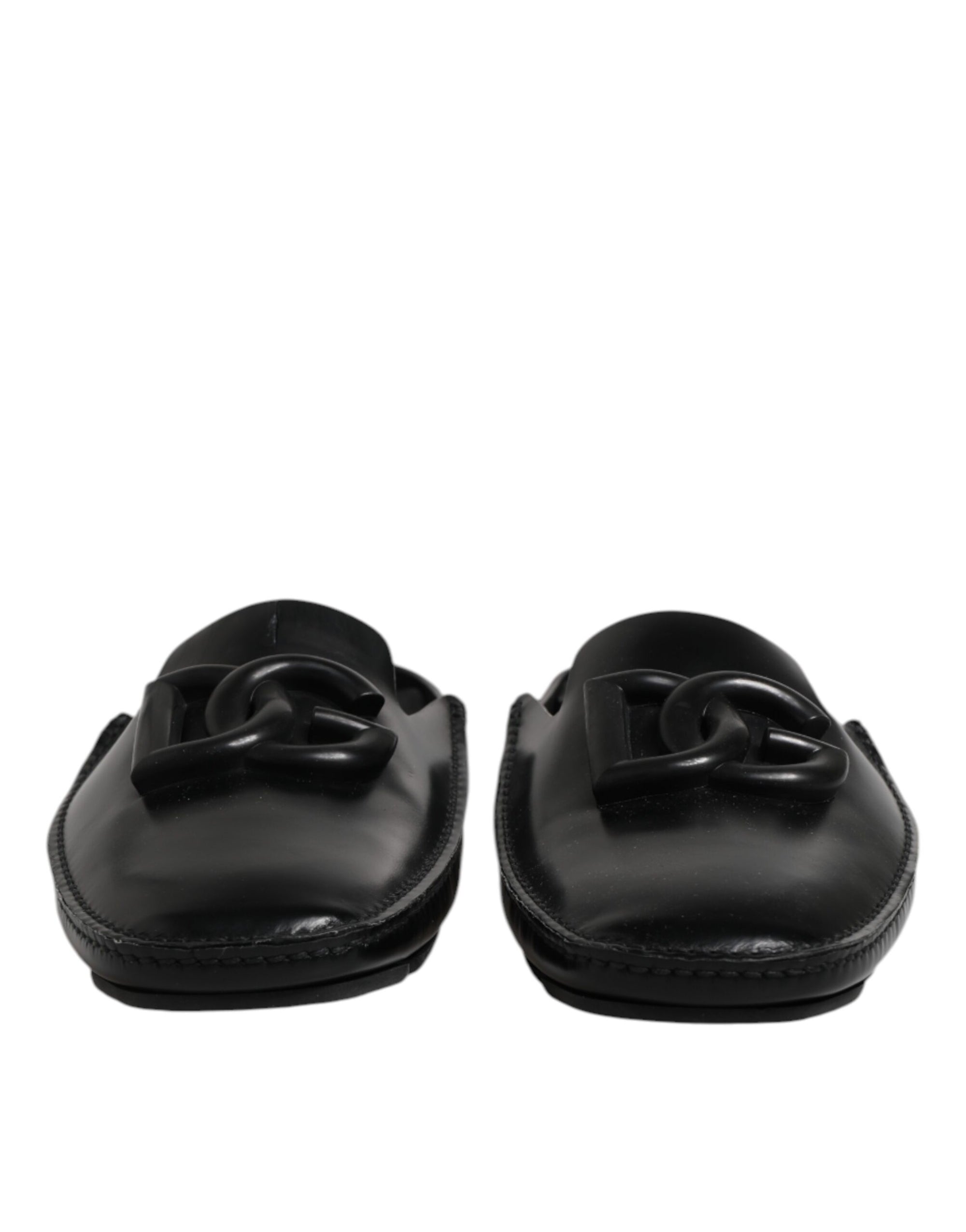 Dolce & Gabbana Black Logo Leather Men Slip On Sandals Shoes