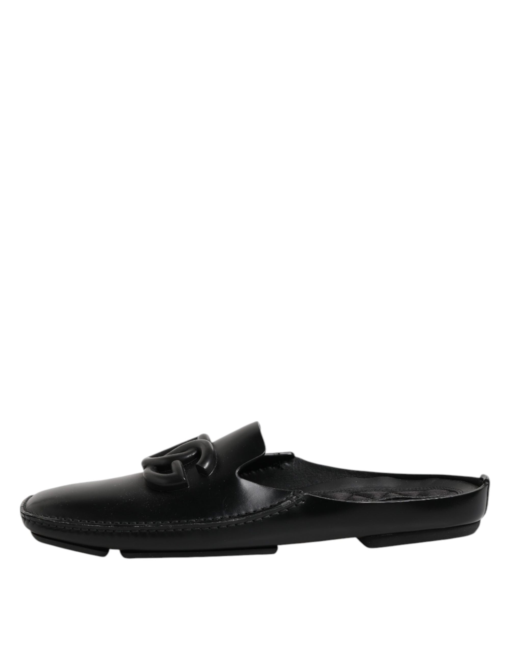 Dolce & Gabbana Black Logo Leather Men Slip On Sandals Shoes