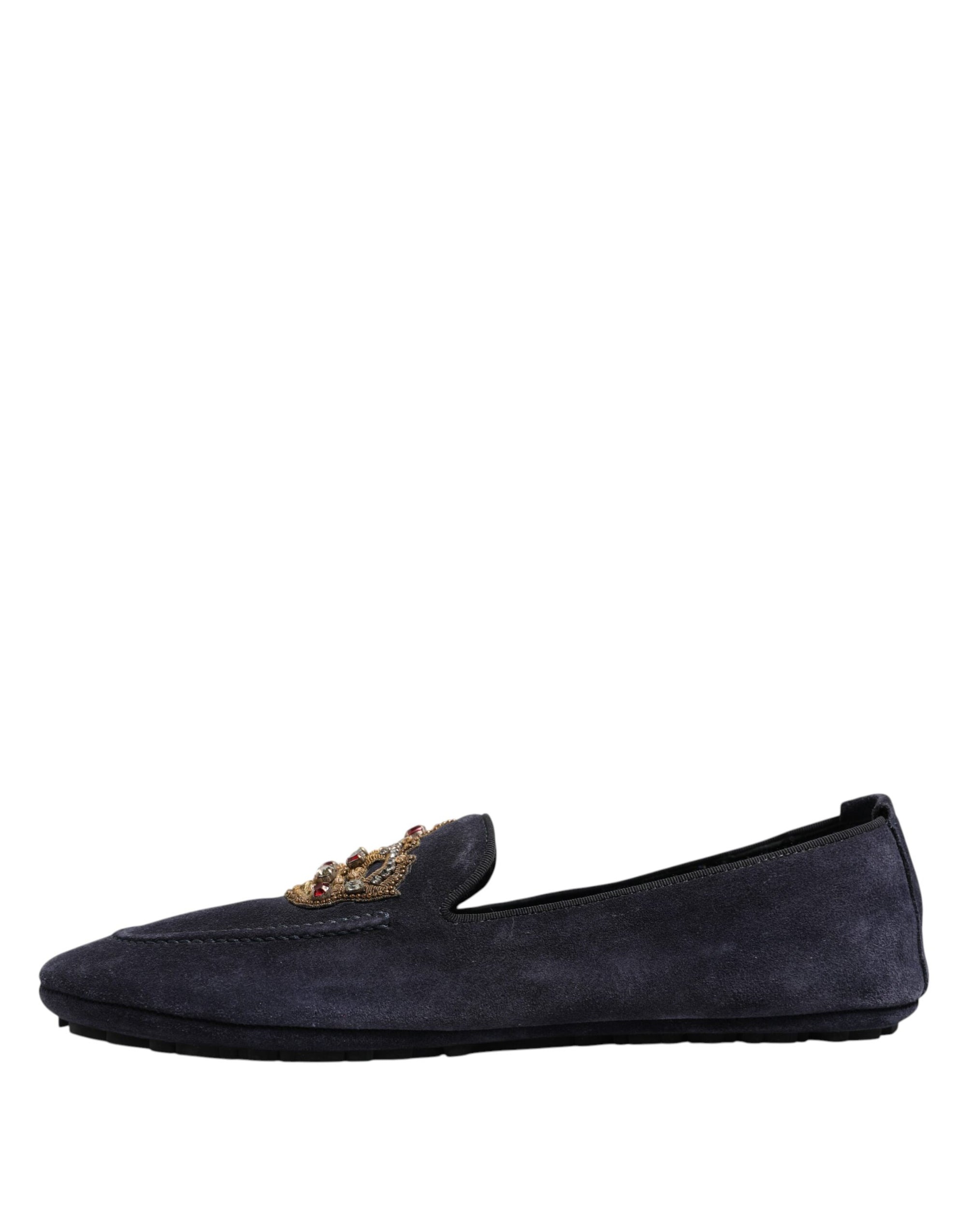 Dolce & Gabbana Blue Suede Crown Crystal Loafers Dress Shoes
