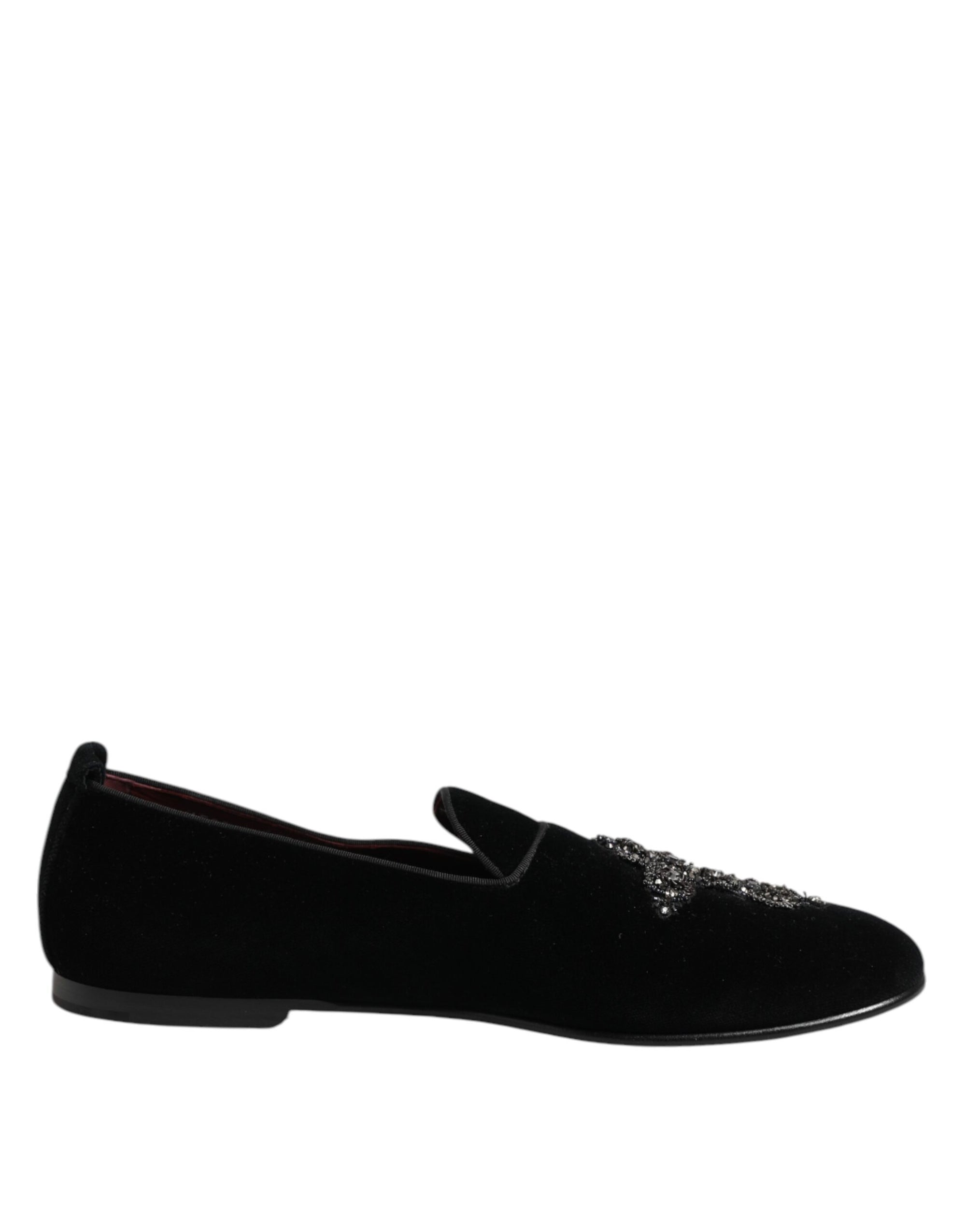 Dolce & Gabbana Black Velvet Crystal Crown Formal Dress Shoes