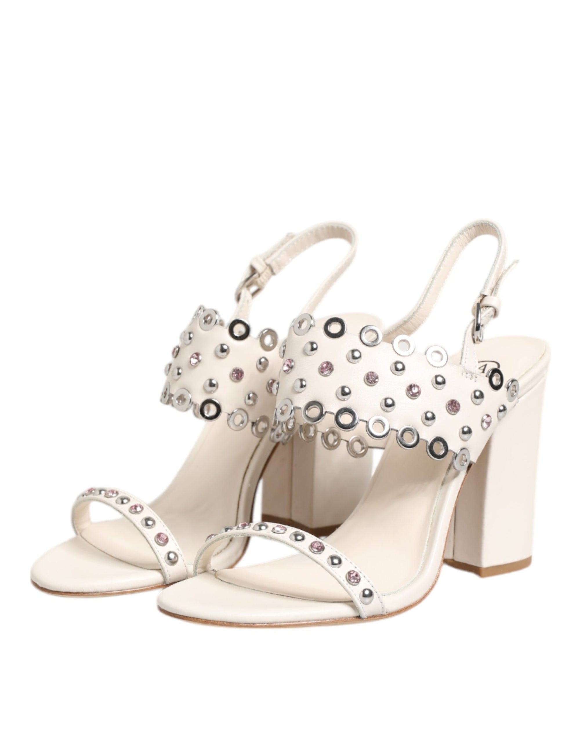 ASH White Block Heeled Studded Quarter Strap Sandals Shoes