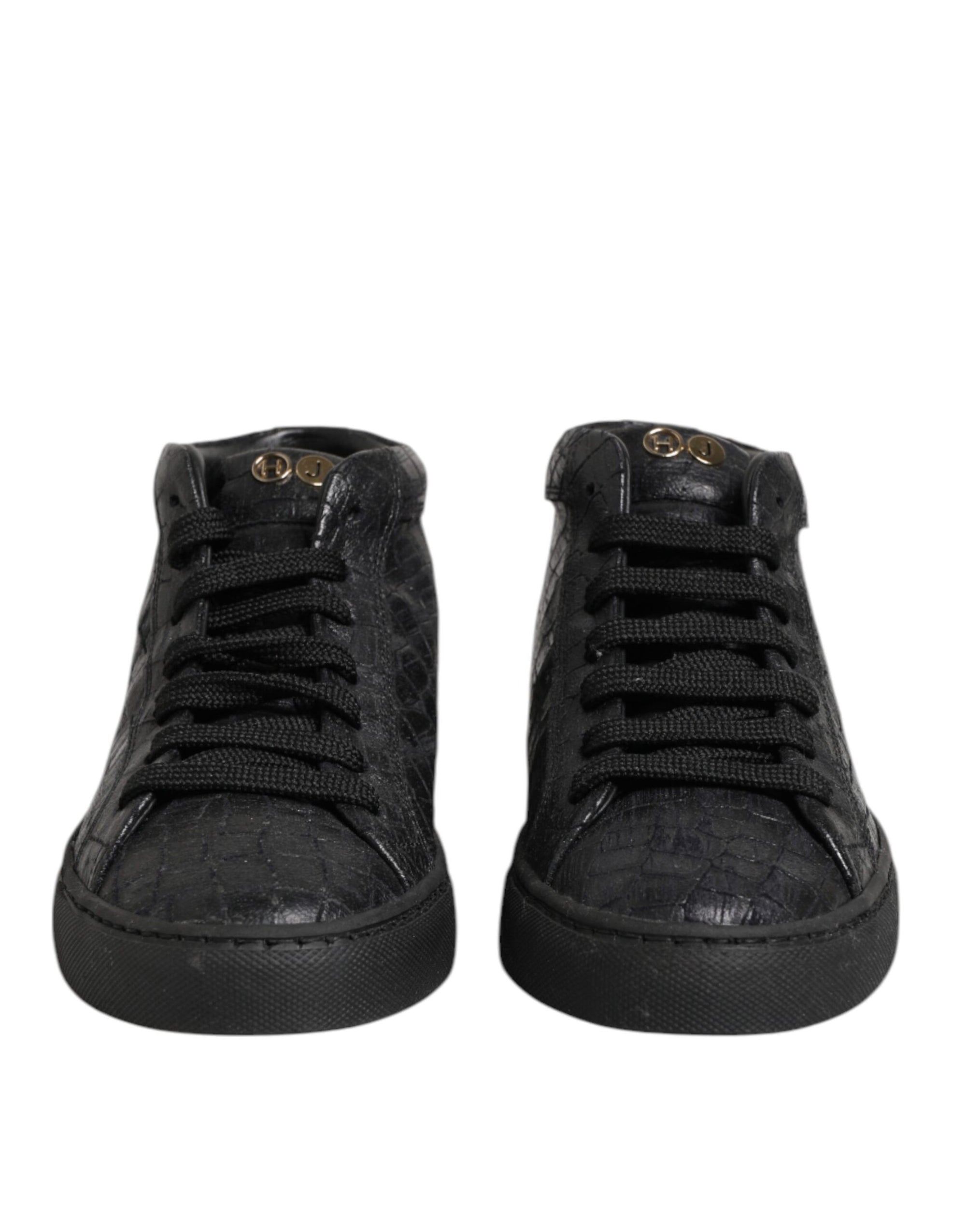 HIDE & JACK Black Leather Lace Up Mid Top Sneakers Shoes