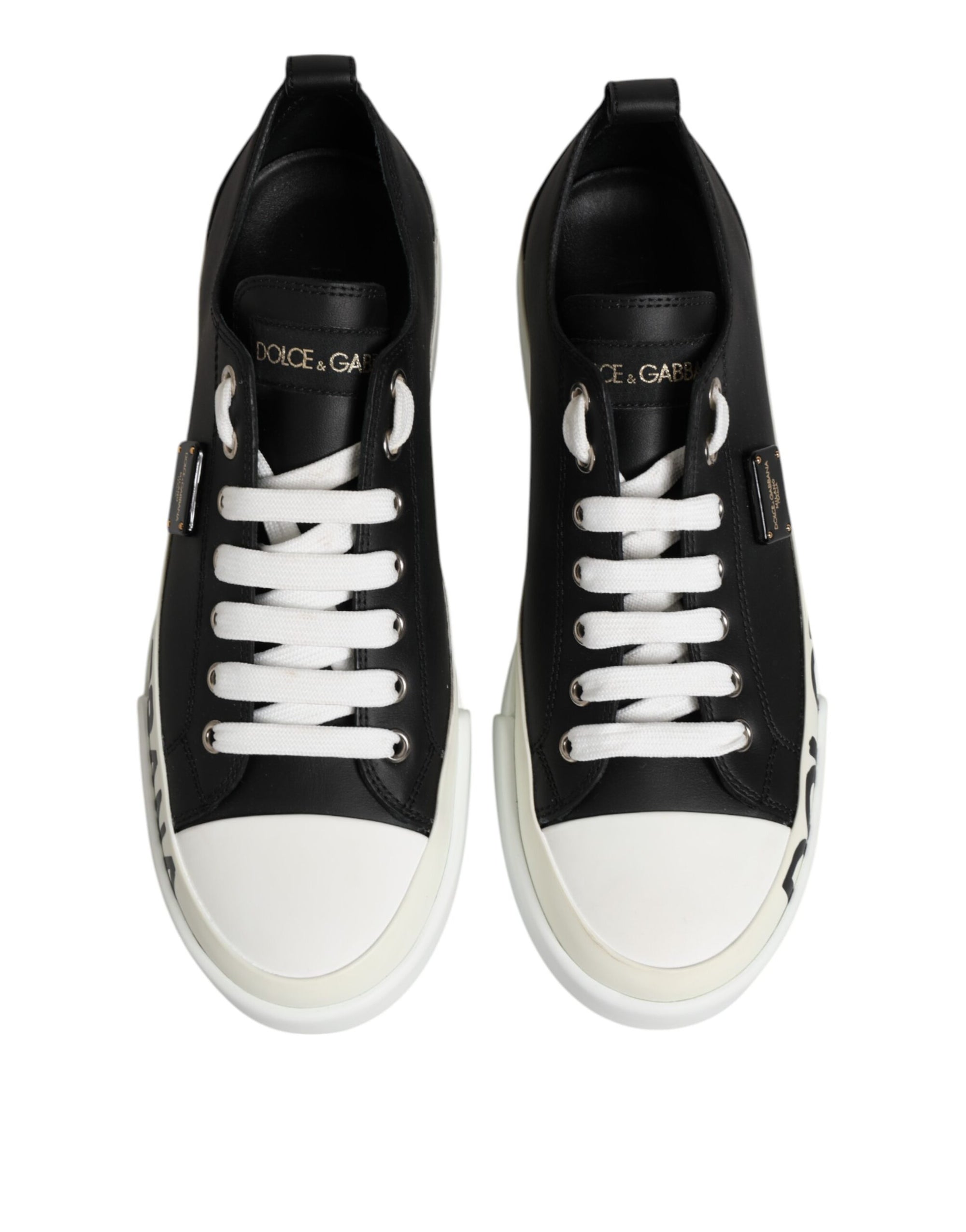 Dolce & Gabbana Black White Leather Low Top Sneakers Shoes