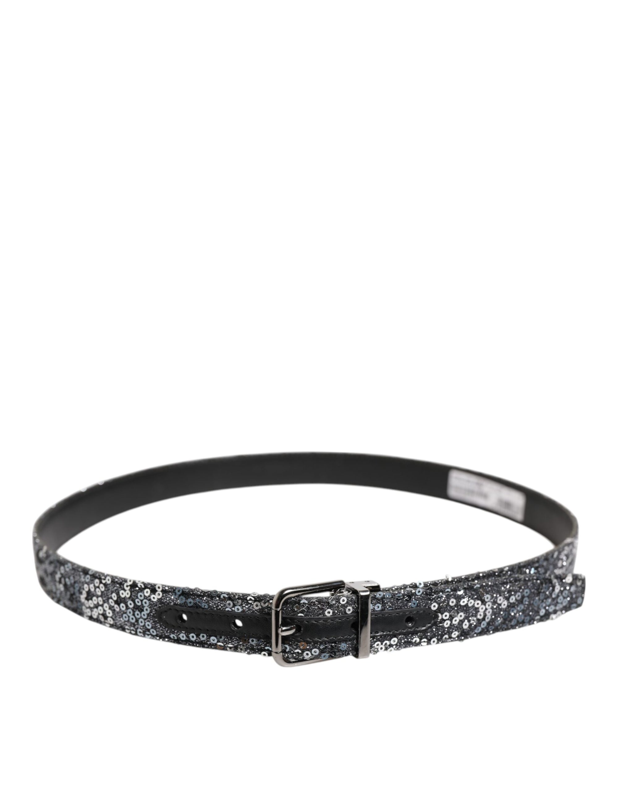 Dolce & Gabbana Black Sequins Silver Metal Logo Buckle Belt