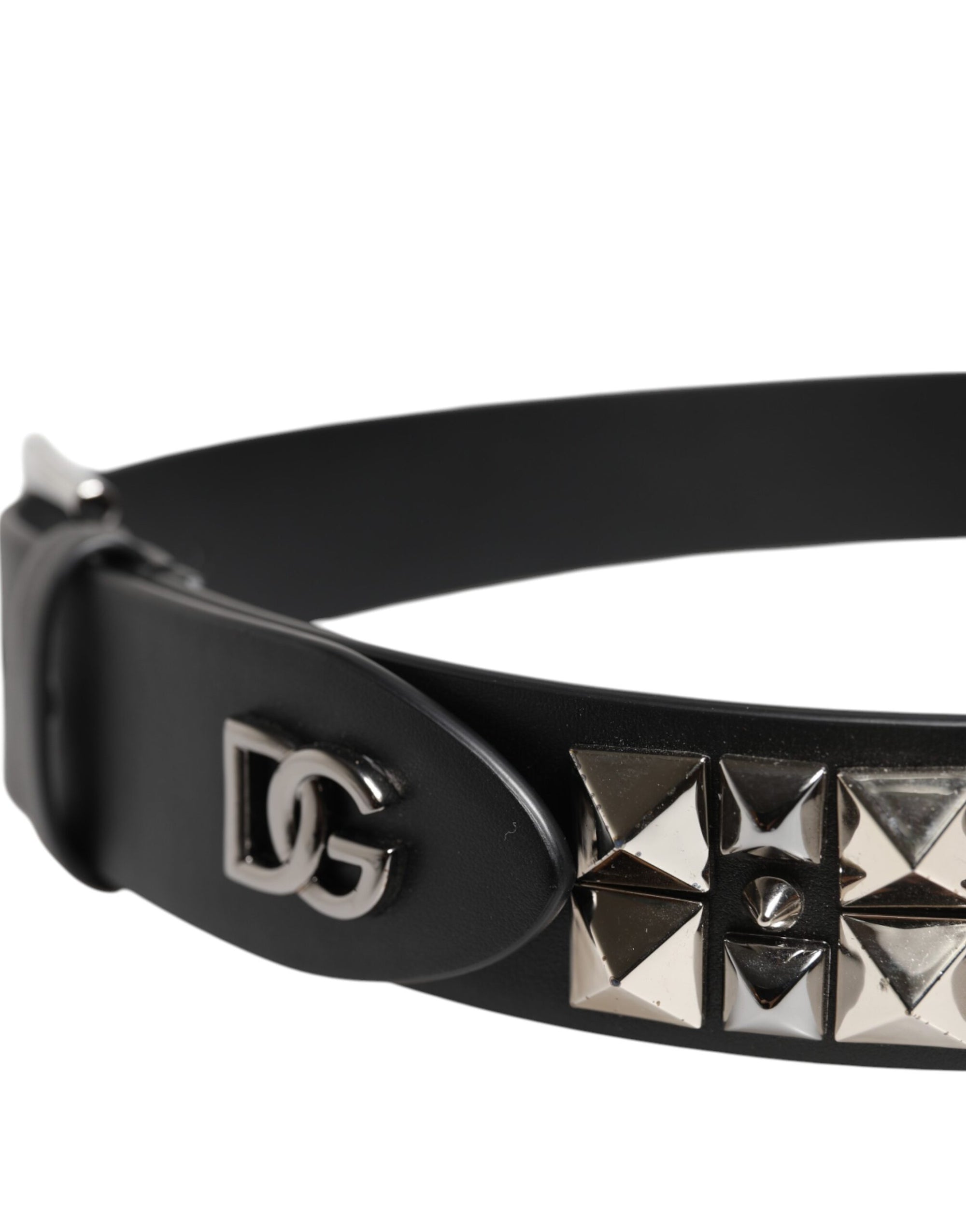 Dolce & Gabbana Black Leather Studded DG Metal Buckle Belt